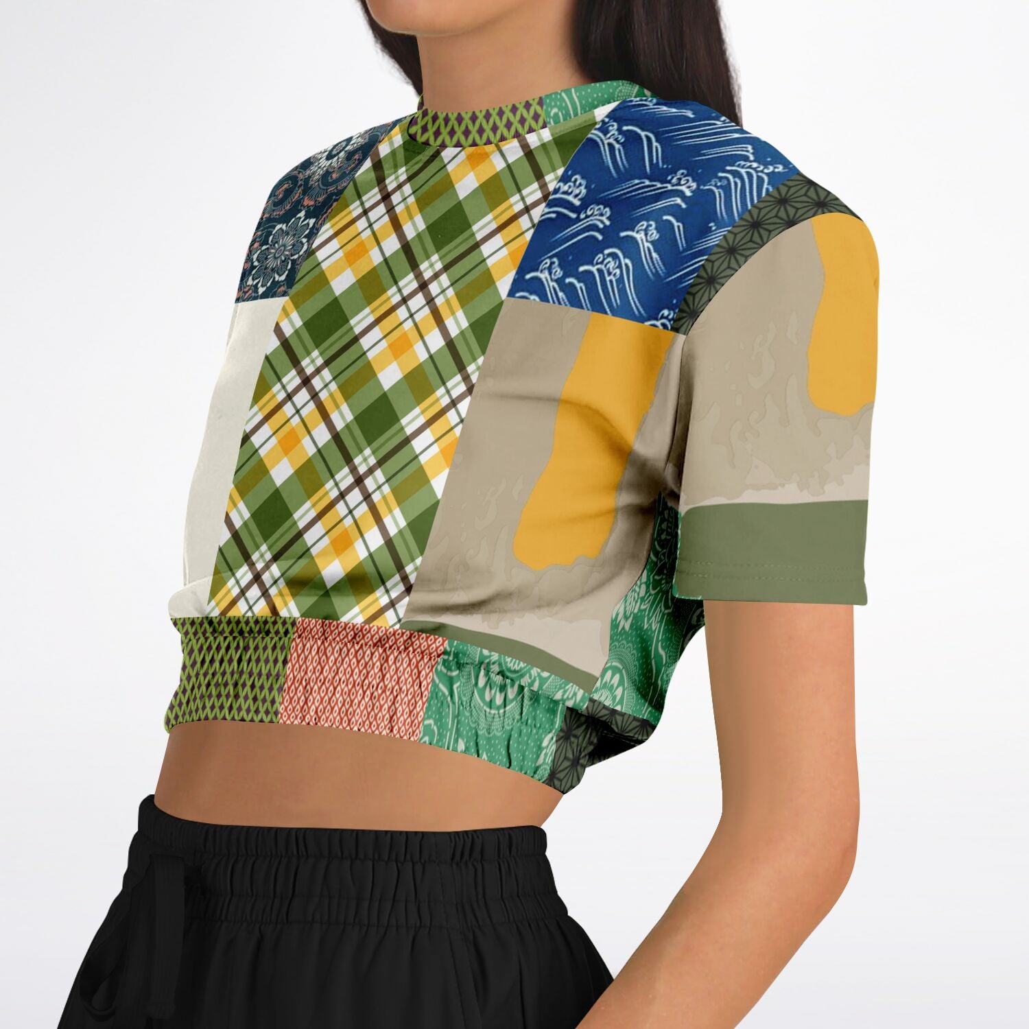 Razzamatazz Vintage Patchwork Eco-Poly Short Sleeve Cropped Pullover