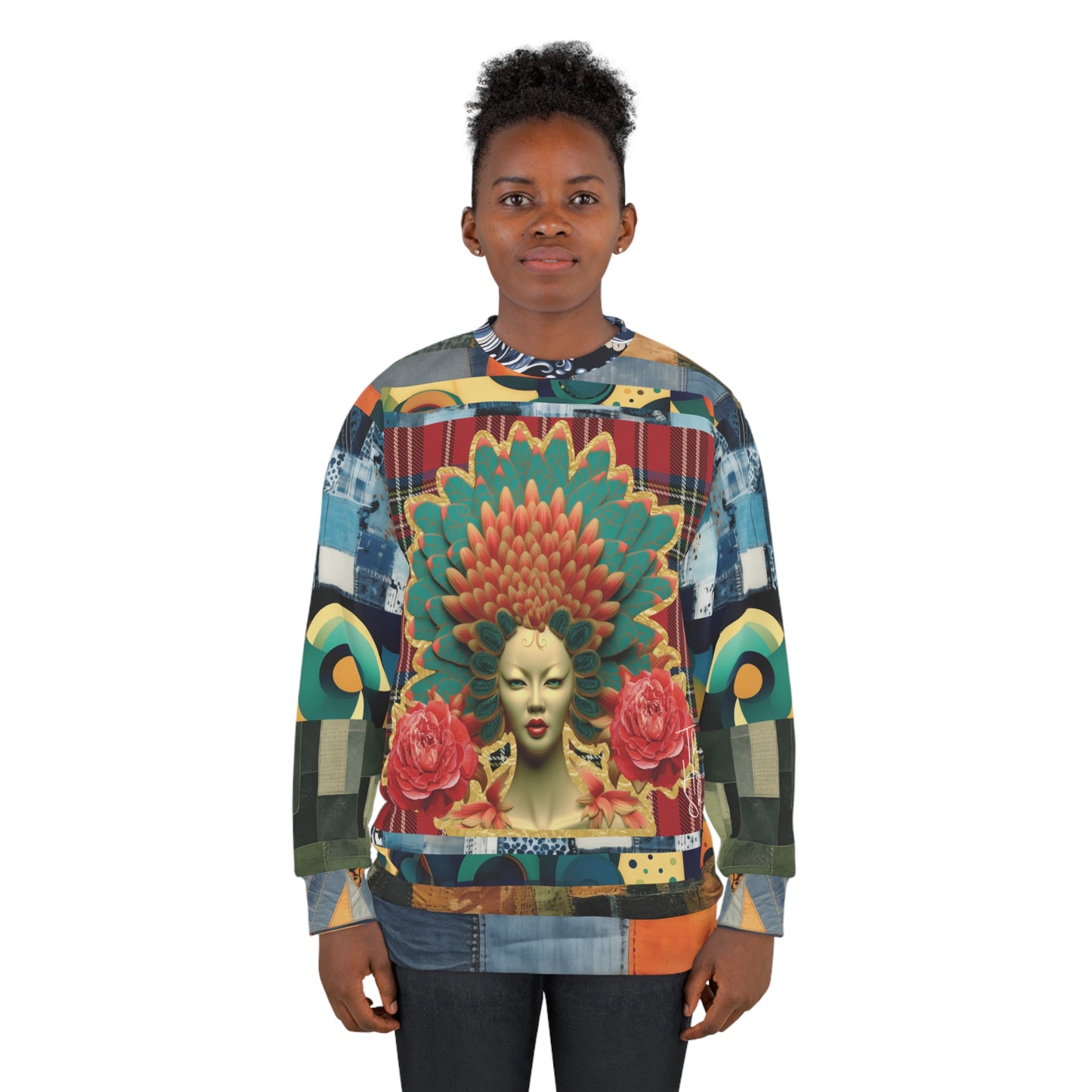 Kabuki Theater Girl Plaid Denim Patchwork Print Unisex Sweatshirt