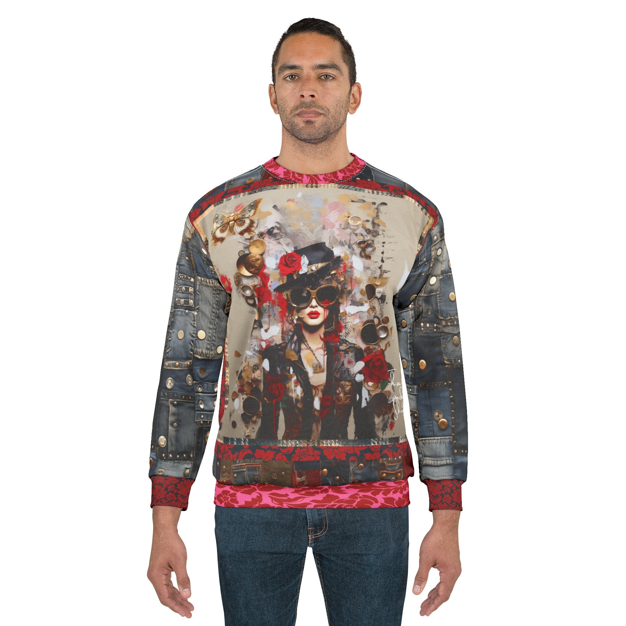 City Girl on Edge Steampunk Style Denim Patchwork Print Unisex Sweatshirt (Gold Label)