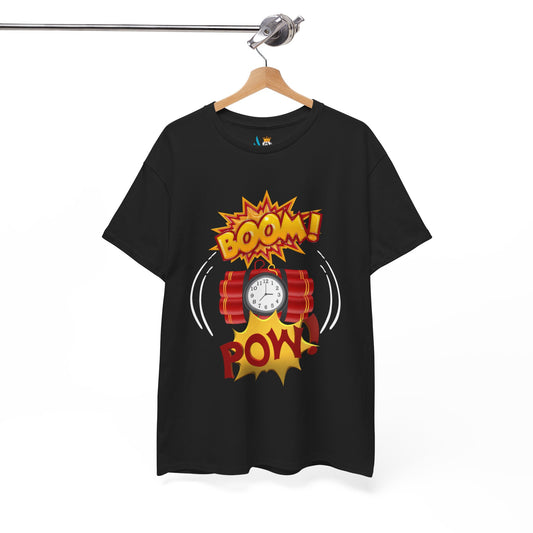 Black t-shirt with a graphic design of a bomb and 'BOOM! POW!' text on a hanger against a white background.