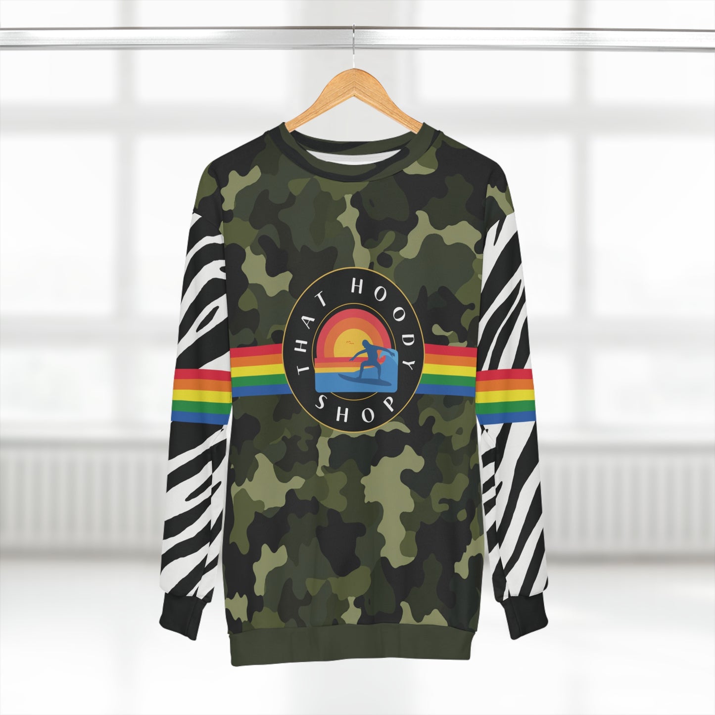 Green Camo Rainbow Stripe Sunset Surfer Unisex Sweatshirt