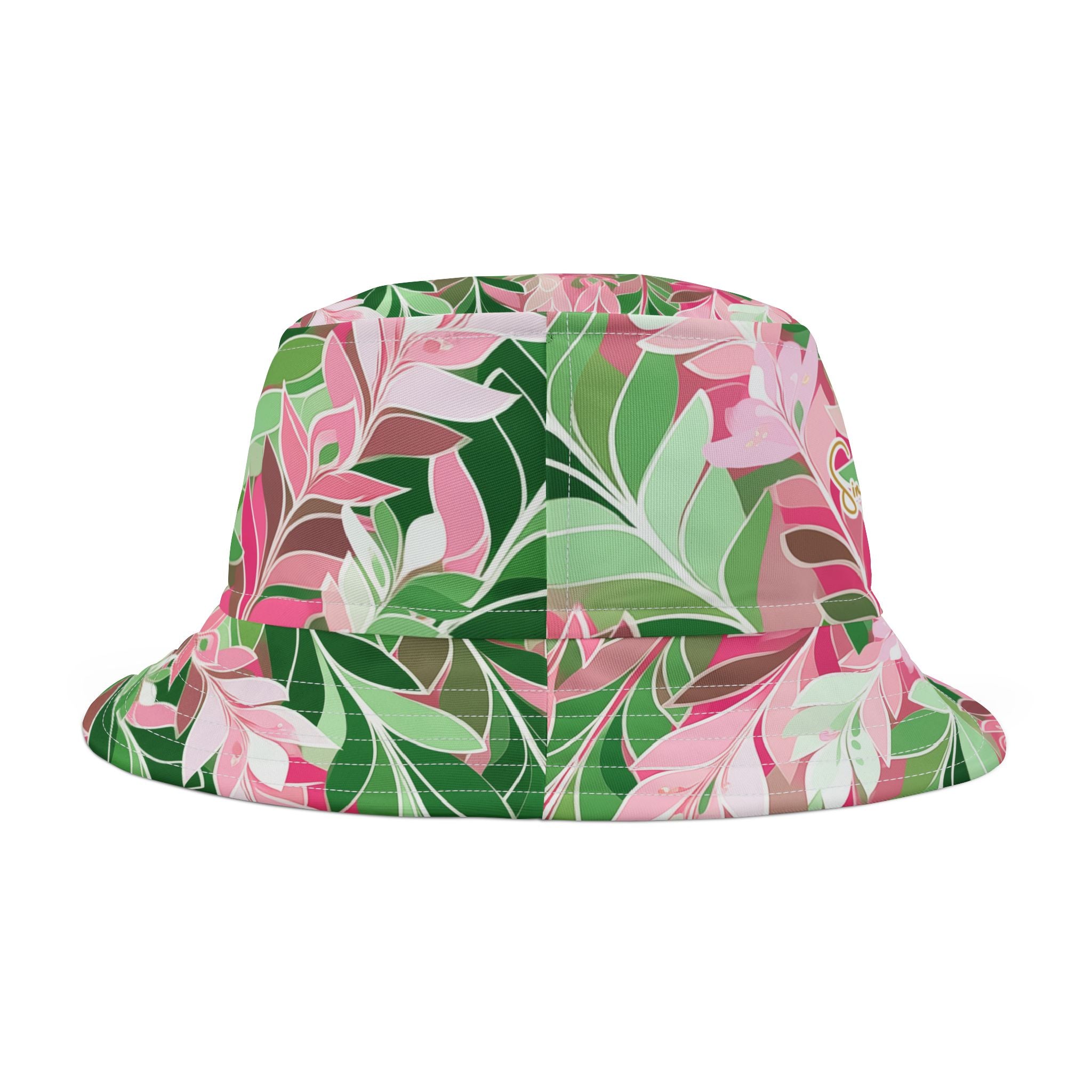 Back view of a bucket hat with pink and green floral pattern on a white background