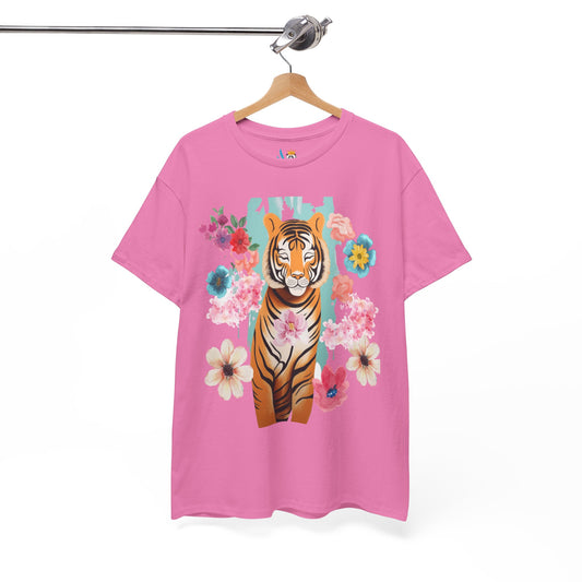 Tiger at Peace in Flowers Heavyweight Unisex Tee