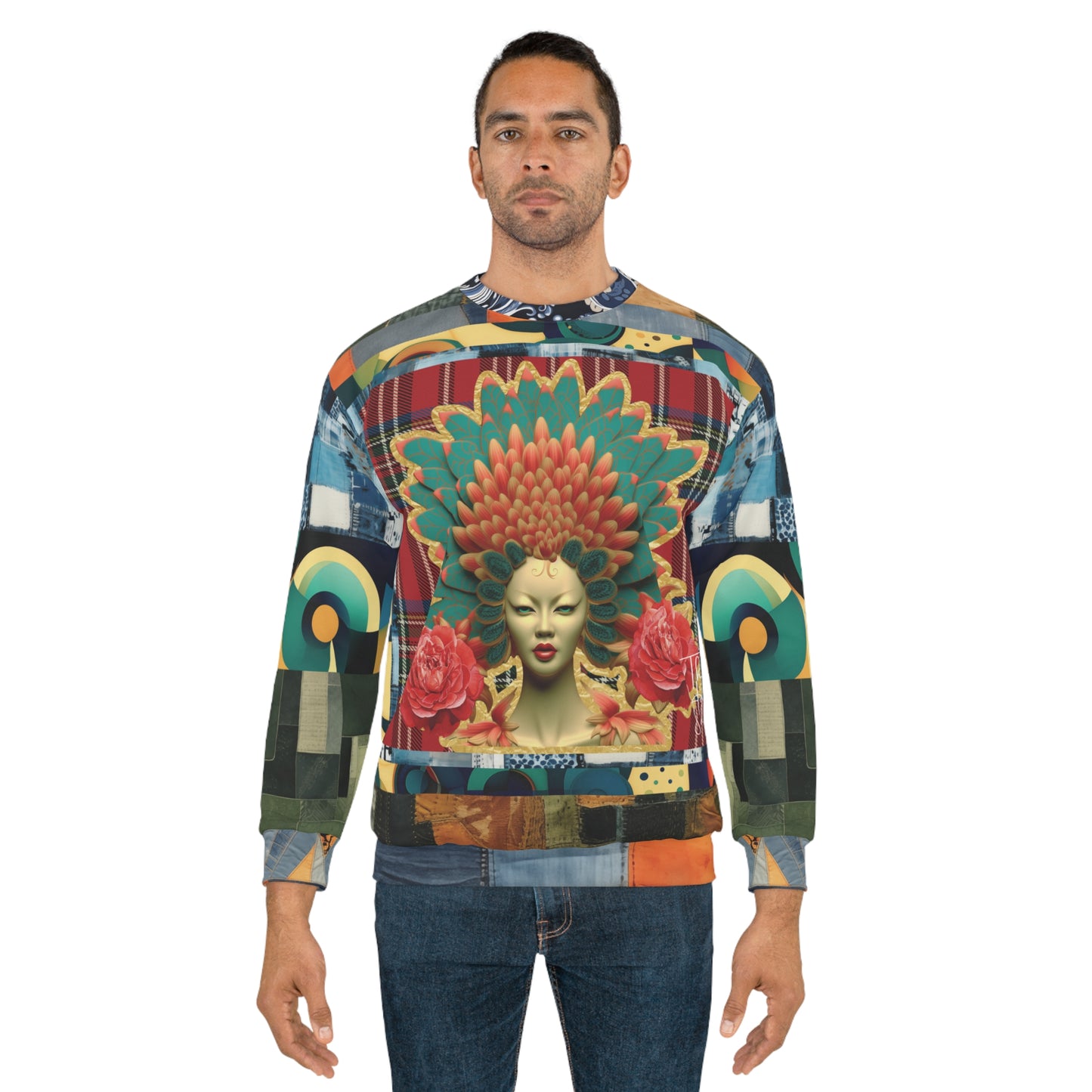 Kabuki Theater Girl Plaid Denim Patchwork Print Unisex Sweatshirt