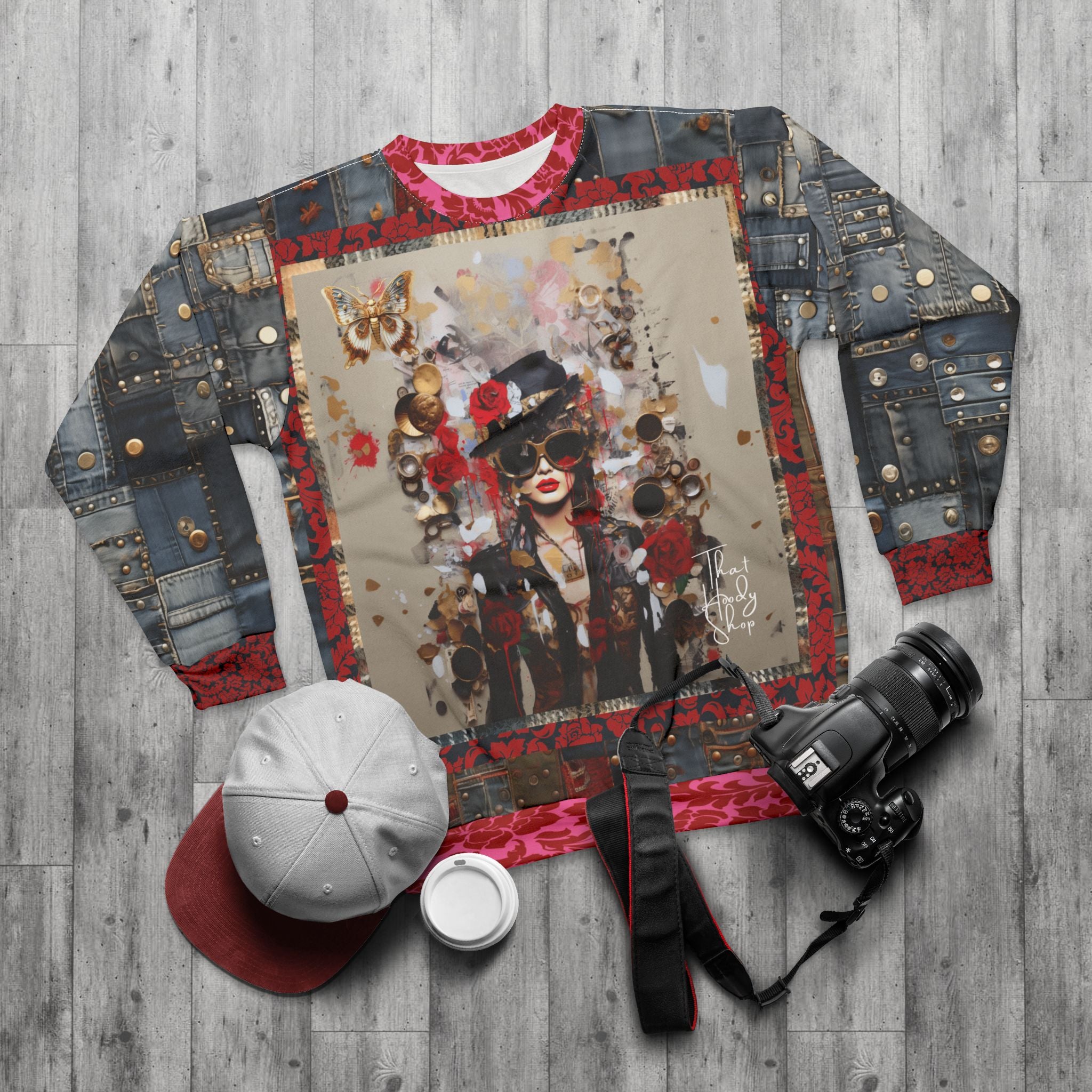 City Girl on Edge Steampunk Style Denim Patchwork Print Unisex Sweatshirt (Gold Label)