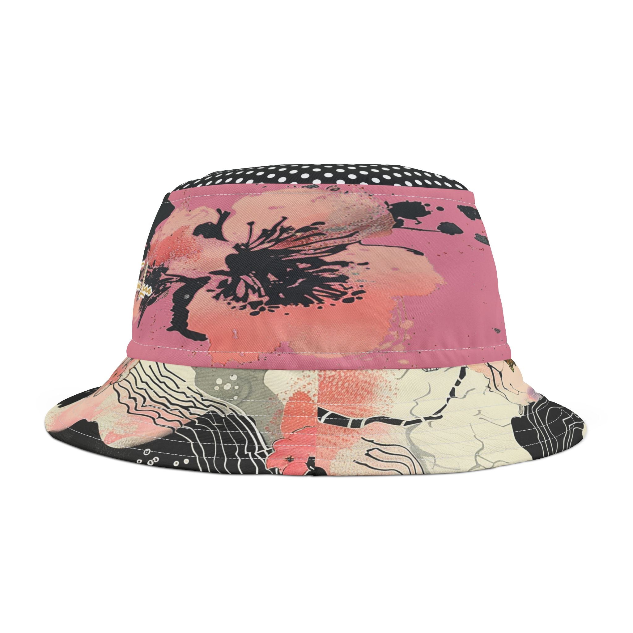 Bucket hat with pink asian
floral pattern on a white background
