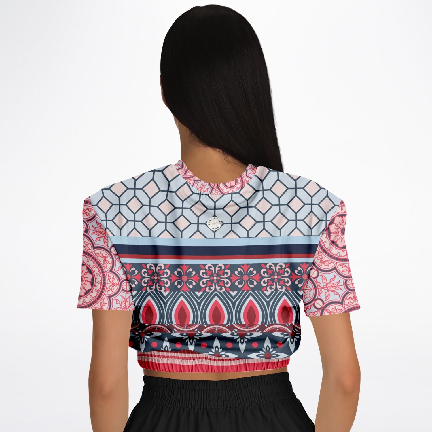 Pink Montauk Geo Denim Patchwork Eco-Poly Cropped Short Sleeve Pullover