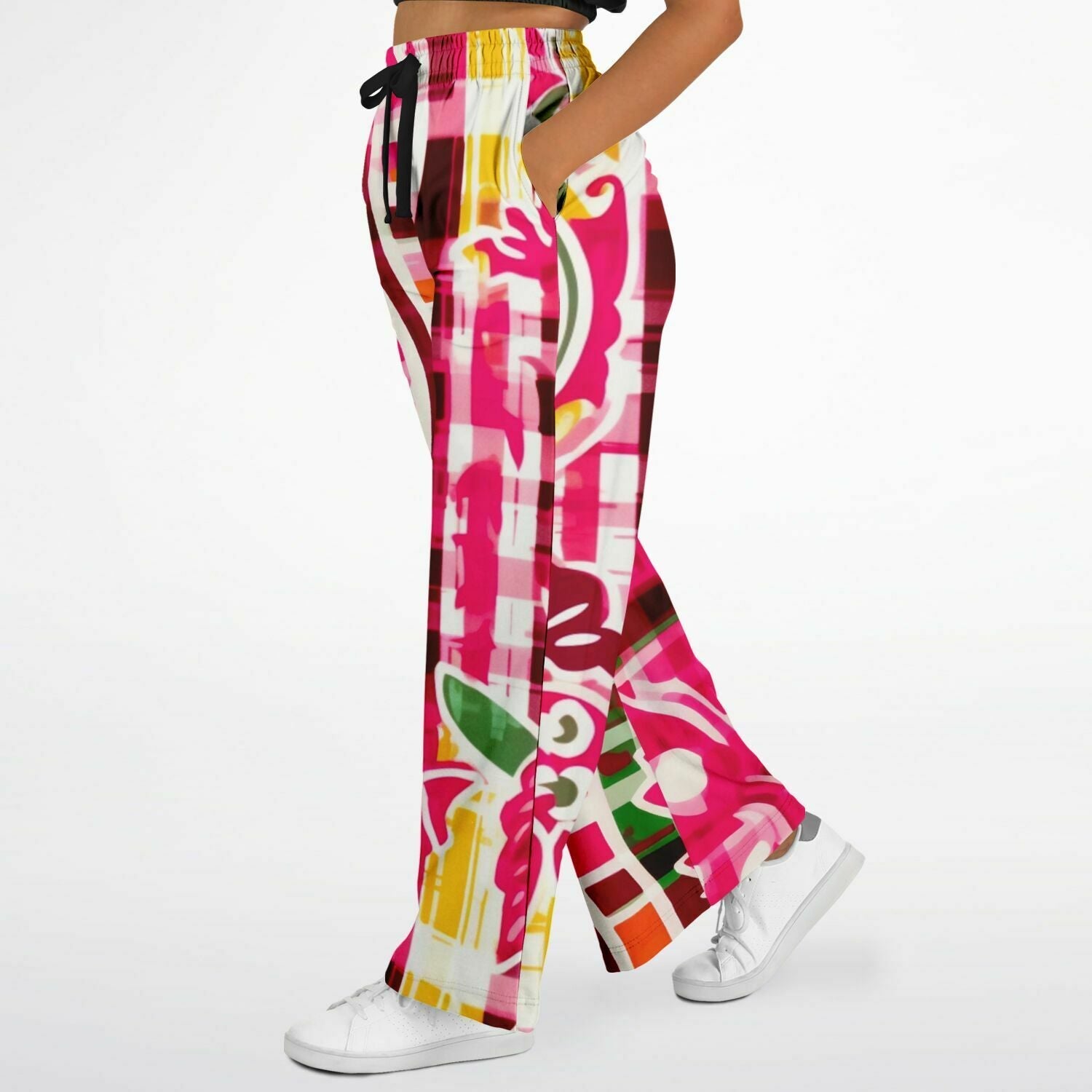 Cabbage Rose Pink Floral Plaid Eco-Poly Wide Leg Pants