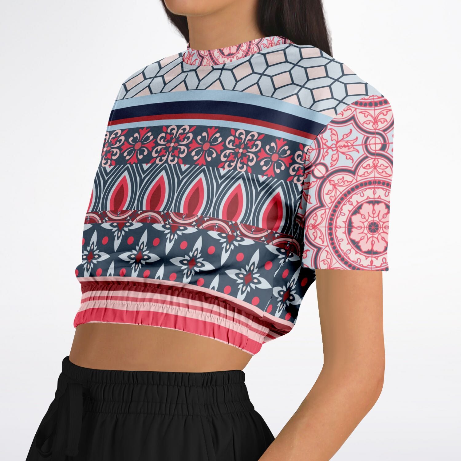 Pink Montauk Geo Denim Patchwork Eco-Poly Cropped Short Sleeve Pullover