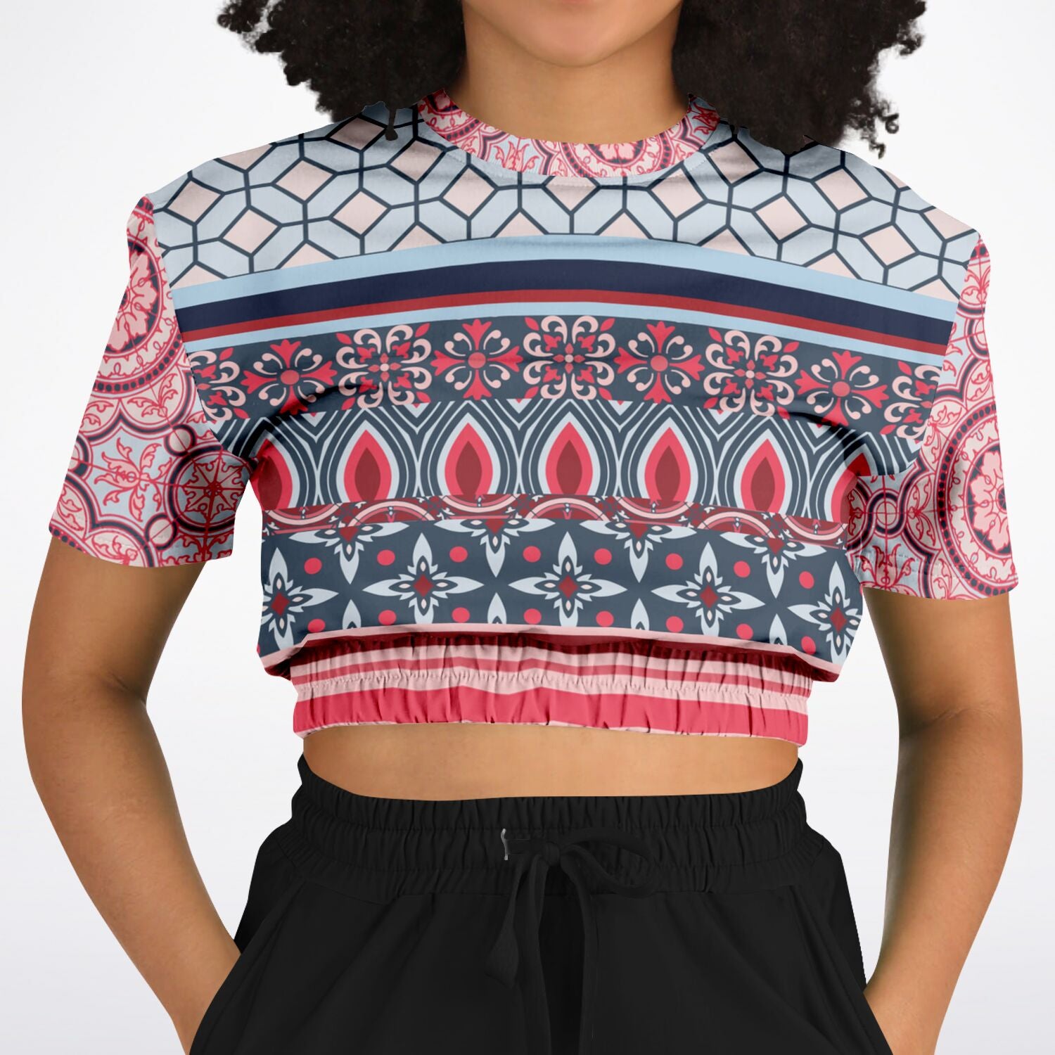 Pink Montauk Geo Denim Patchwork Eco-Poly Cropped Short Sleeve Pullover