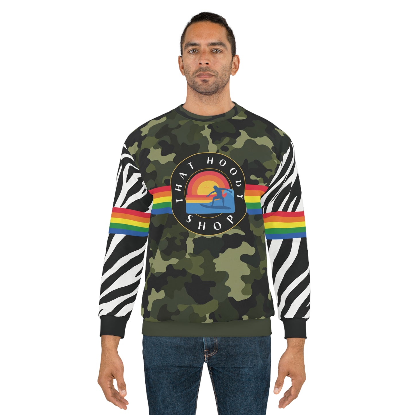 Green Camo Rainbow Stripe Sunset Surfer Unisex Sweatshirt