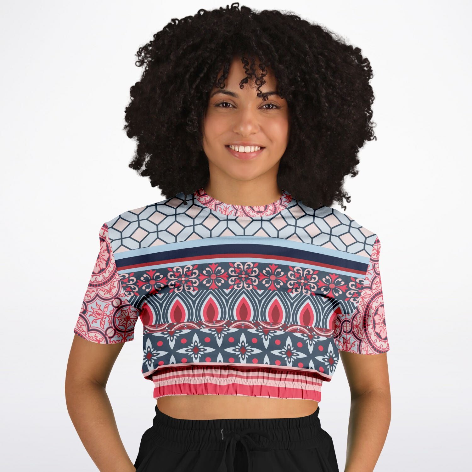 Pink Montauk Geo Denim Patchwork Eco-Poly Cropped Short Sleeve Pullover