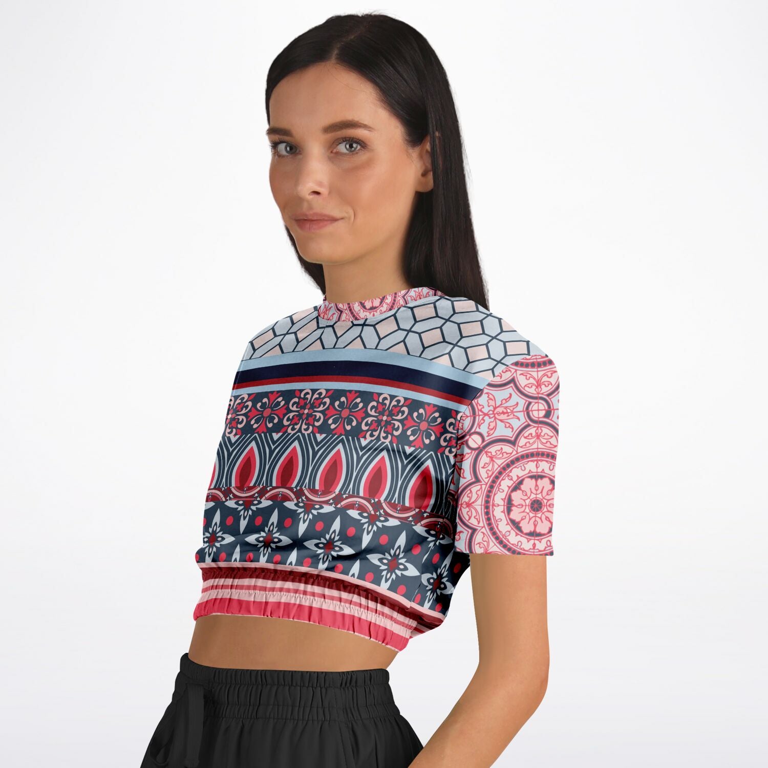 Pink Montauk Geo Denim Patchwork Eco-Poly Cropped Short Sleeve Pullover