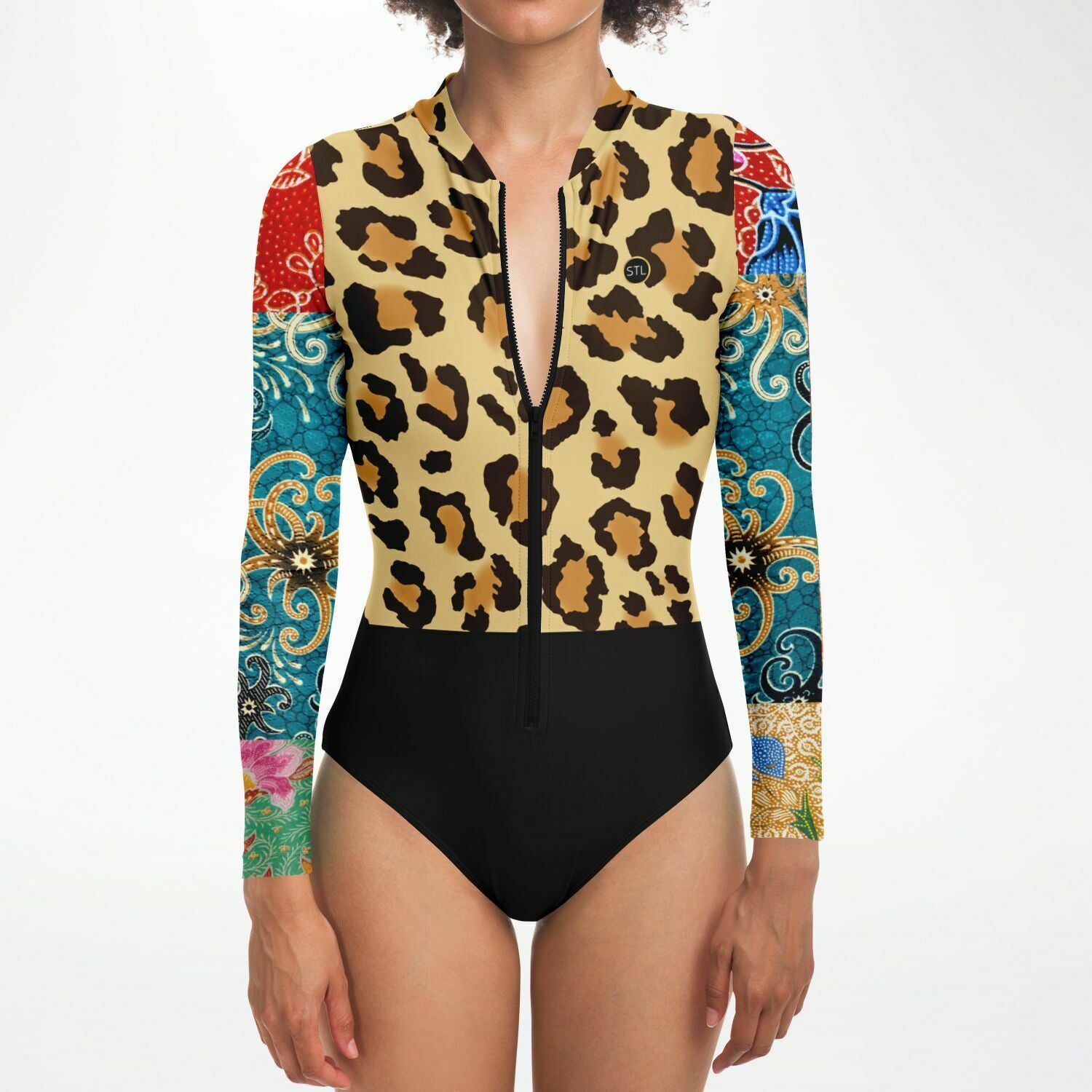 Sweet Clementine Leopard Batik Patchwork Long Sleeve Bodysuit