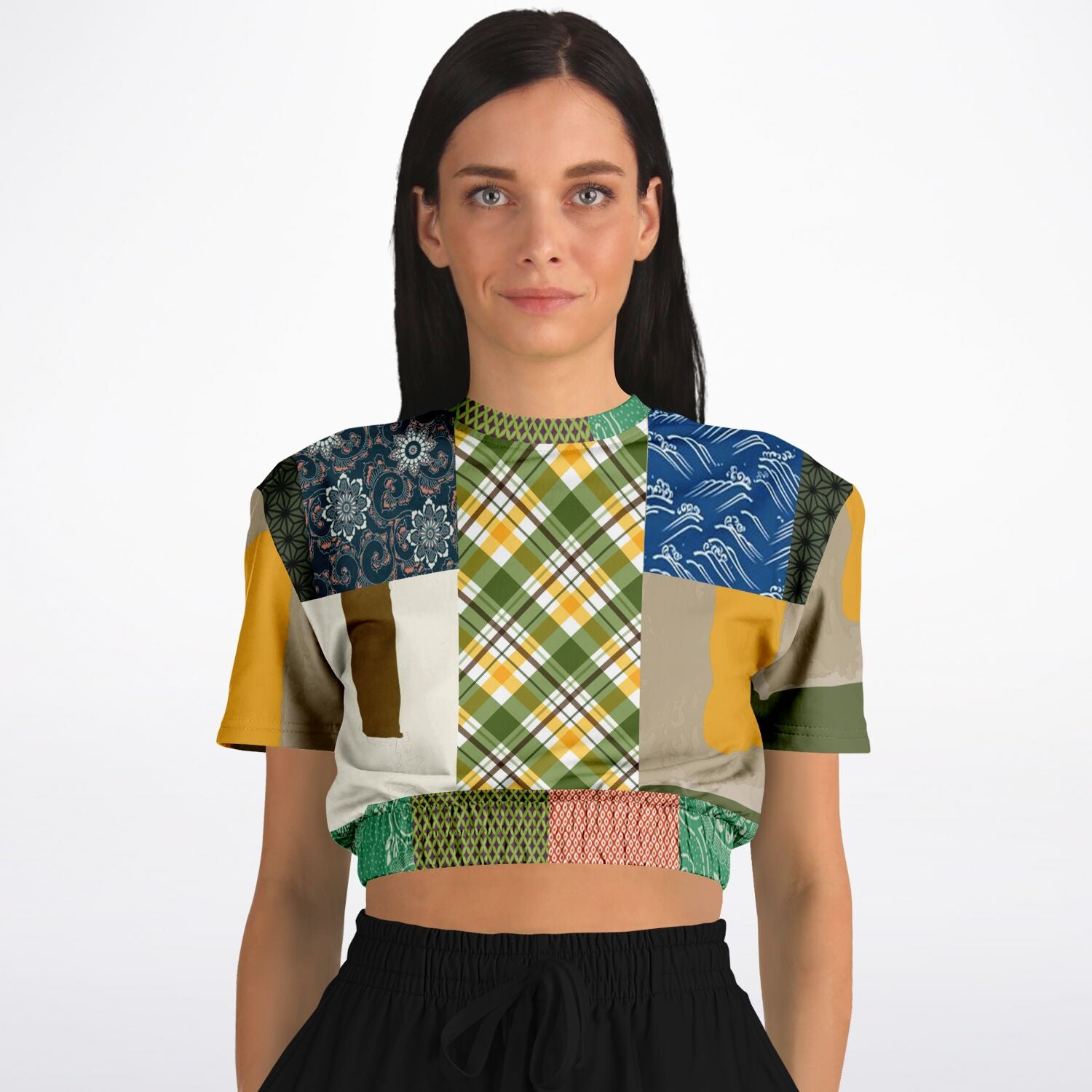 Razzamatazz Vintage Patchwork Eco-Poly Short Sleeve Cropped Pullover