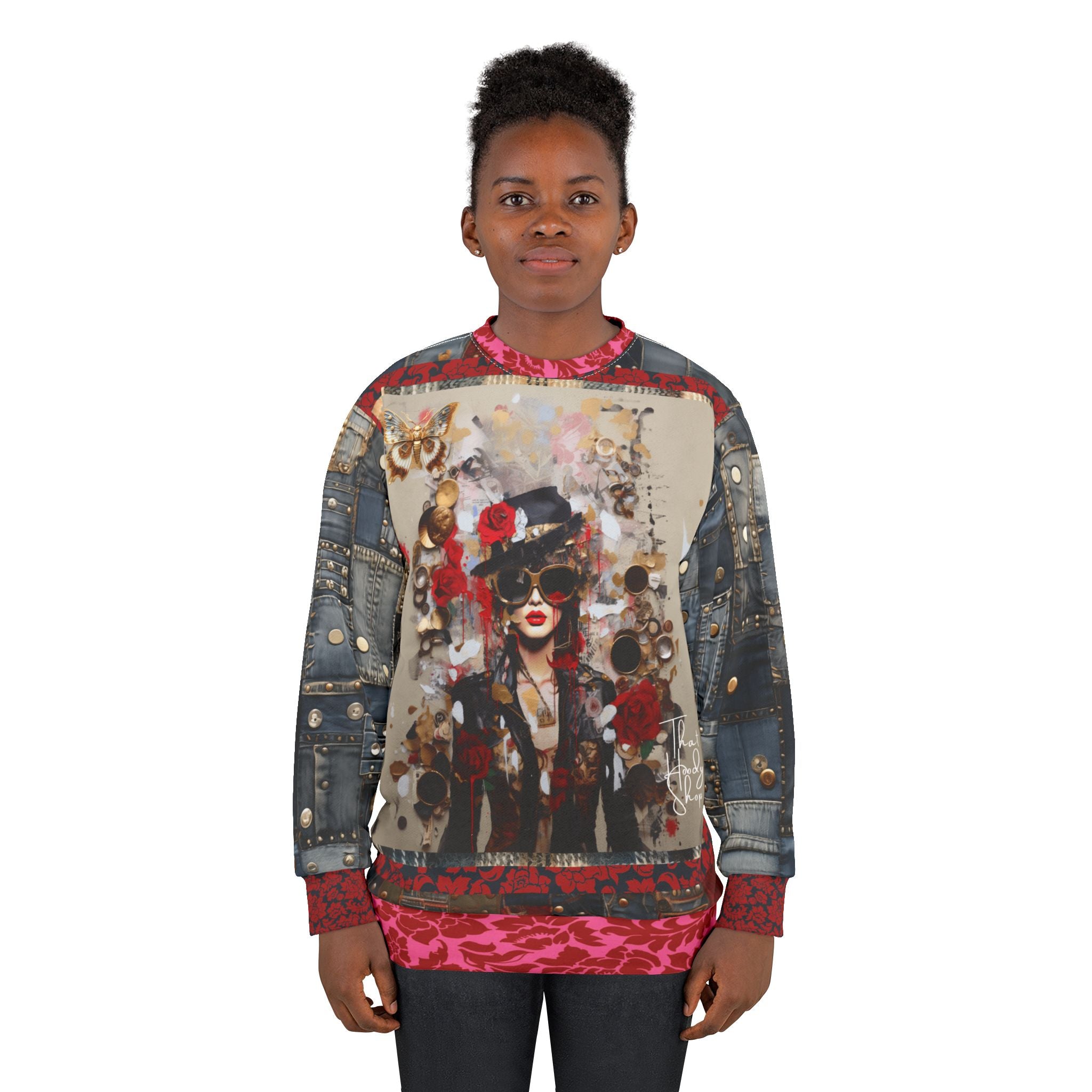 City Girl on Edge Steampunk Style Denim Patchwork Print Unisex Sweatshirt (Gold Label)