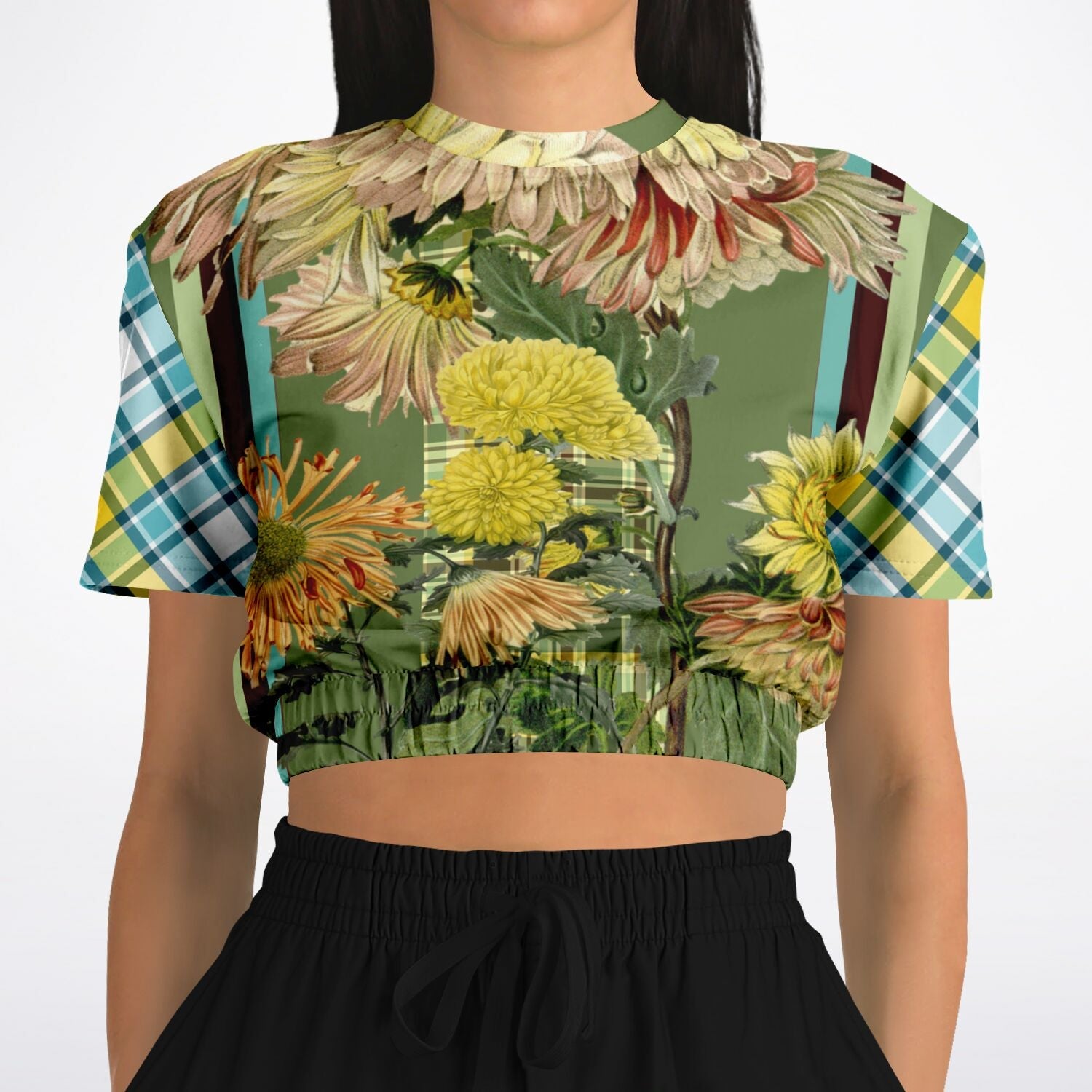 Green Caravan Plaid Eco-Poly Short Sleeve Cropped Pullover
