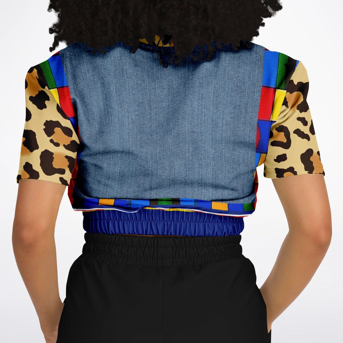 Picasso Primary Geometric Leopard Eco-Poly Short Sleeve Cropped Sweater