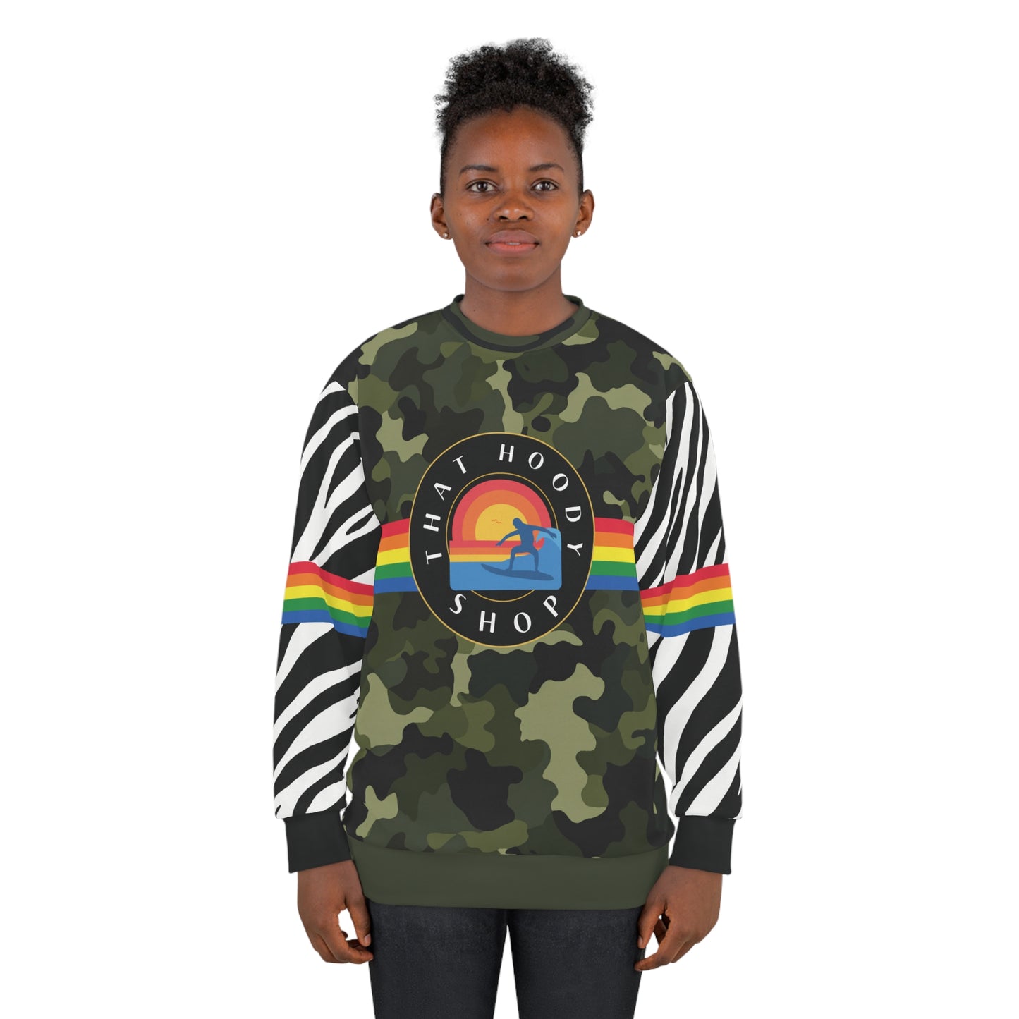 Green Camo Rainbow Stripe Sunset Surfer Unisex Sweatshirt