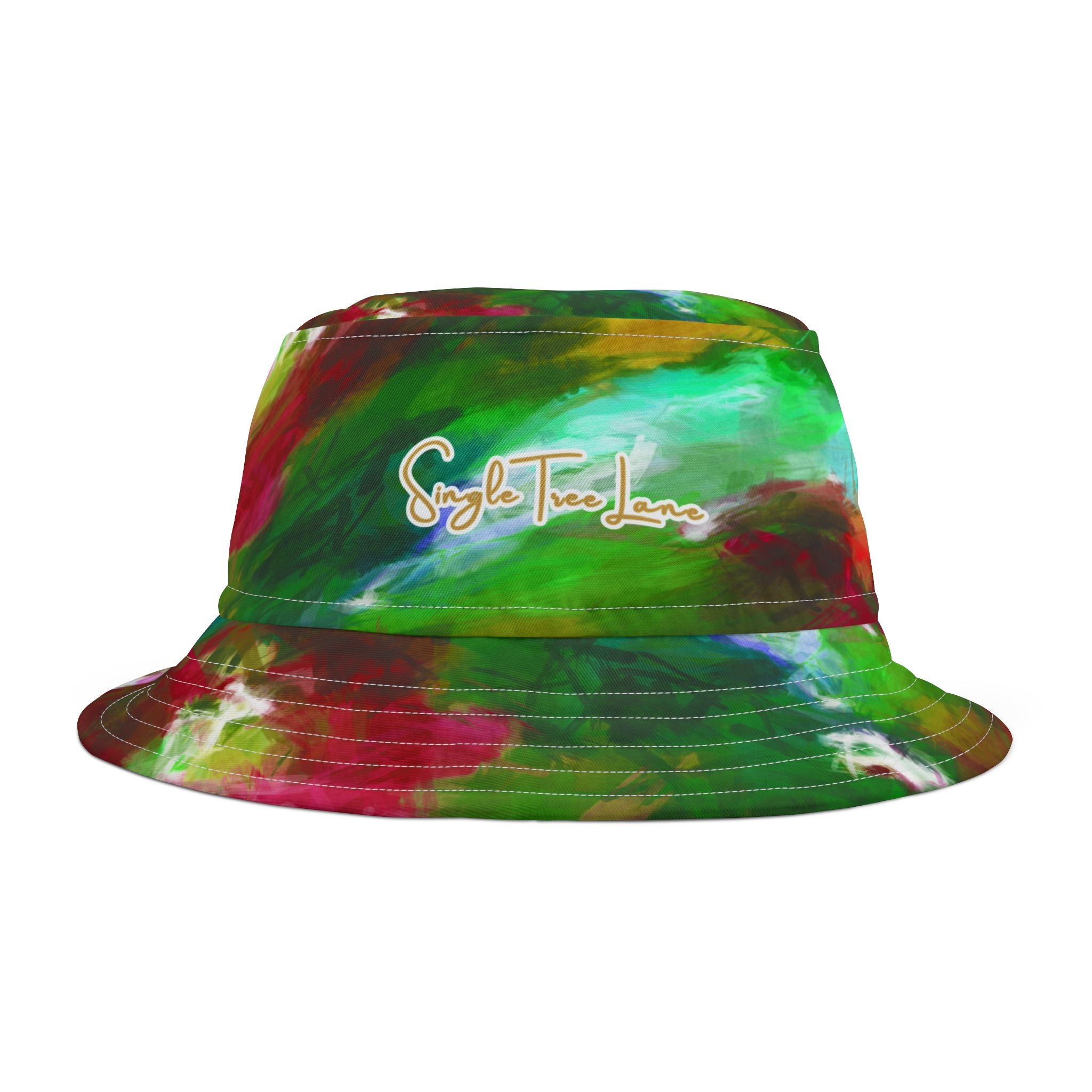Left side view of a colorful tie-dye bucket hat with &