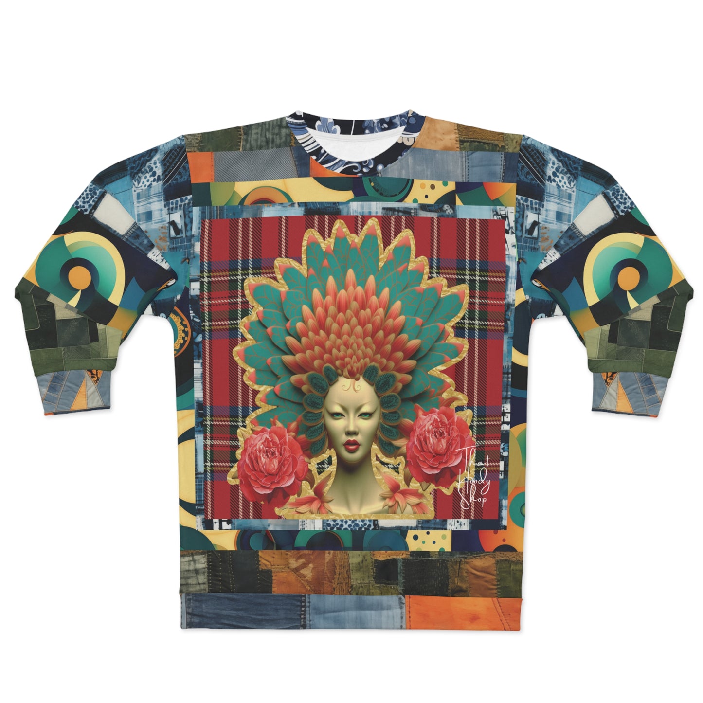 Kabuki Theater Girl Plaid Denim Patchwork Print Unisex Sweatshirt