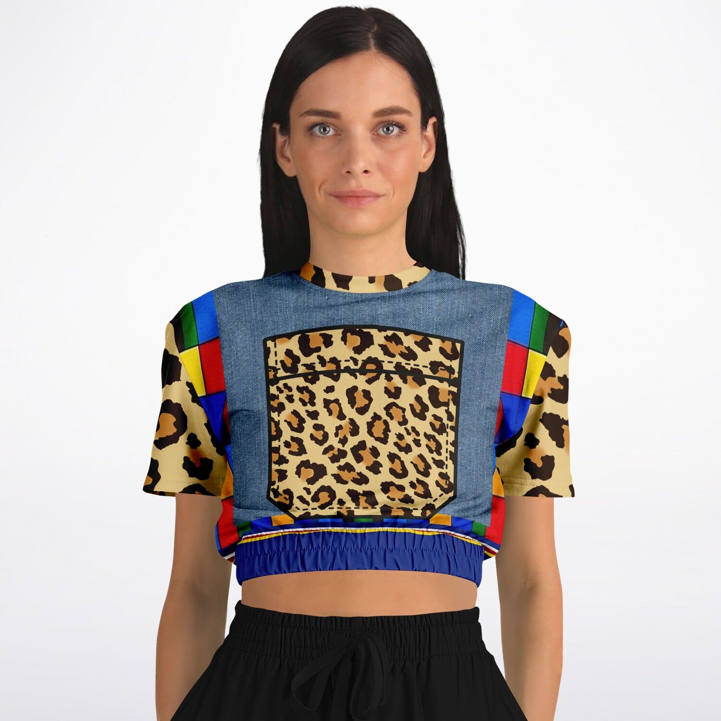 Picasso Primary Geometric Leopard Eco-Poly Short Sleeve Cropped Sweater