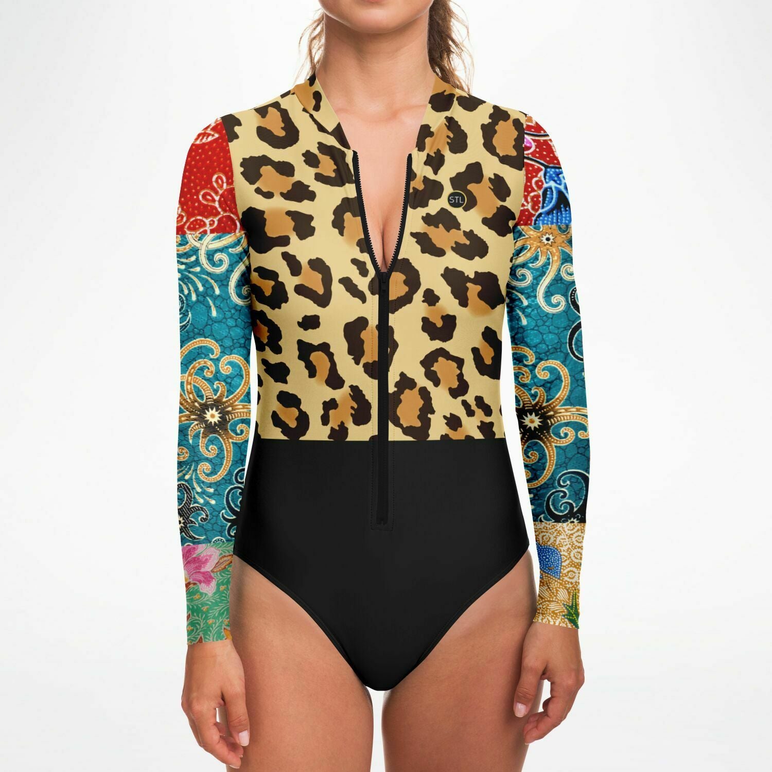 Sweet Clementine Leopard Batik Patchwork Long Sleeve Bodysuit