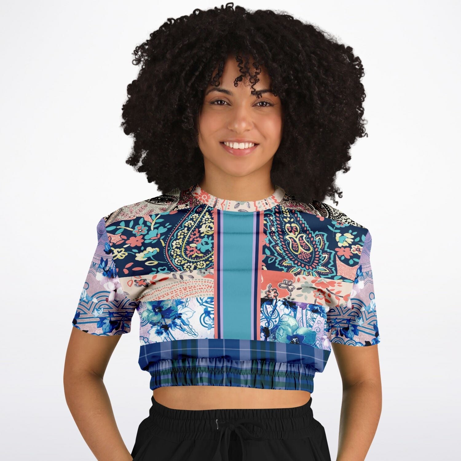 Dolores Park Paisley Plaid Eco-Poly Short Sleeve Cropped Pullover