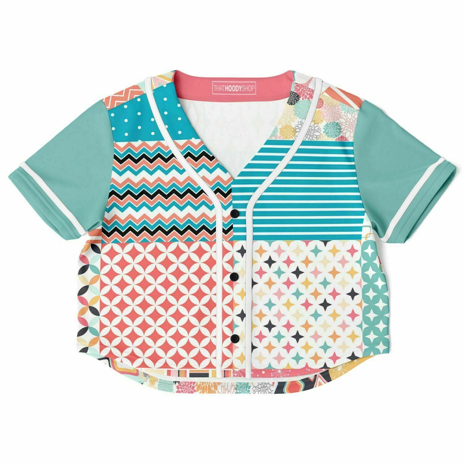 Old Miami Geo Patchwork Cropped Button Front Eco-Poly Jersey