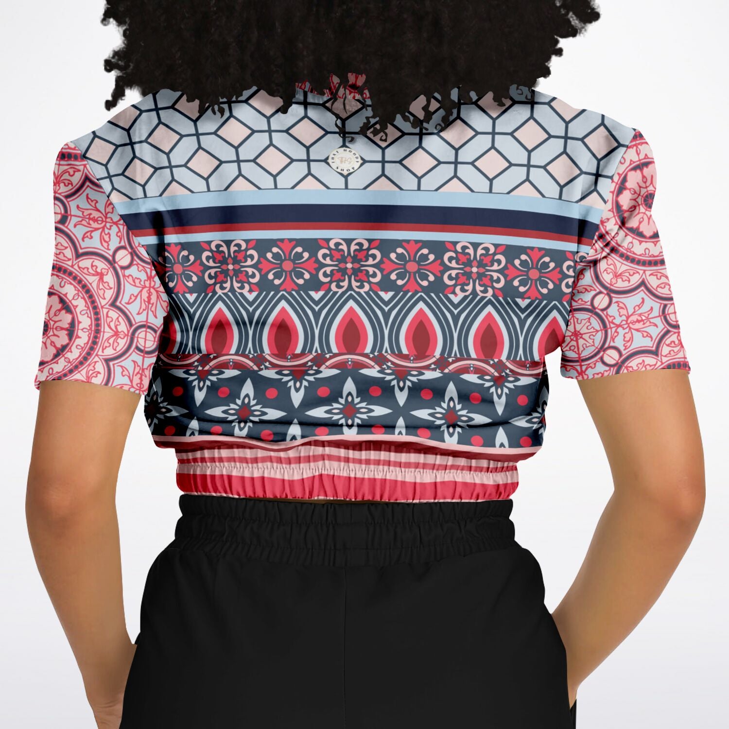 Pink Montauk Geo Denim Patchwork Eco-Poly Cropped Short Sleeve Pullover