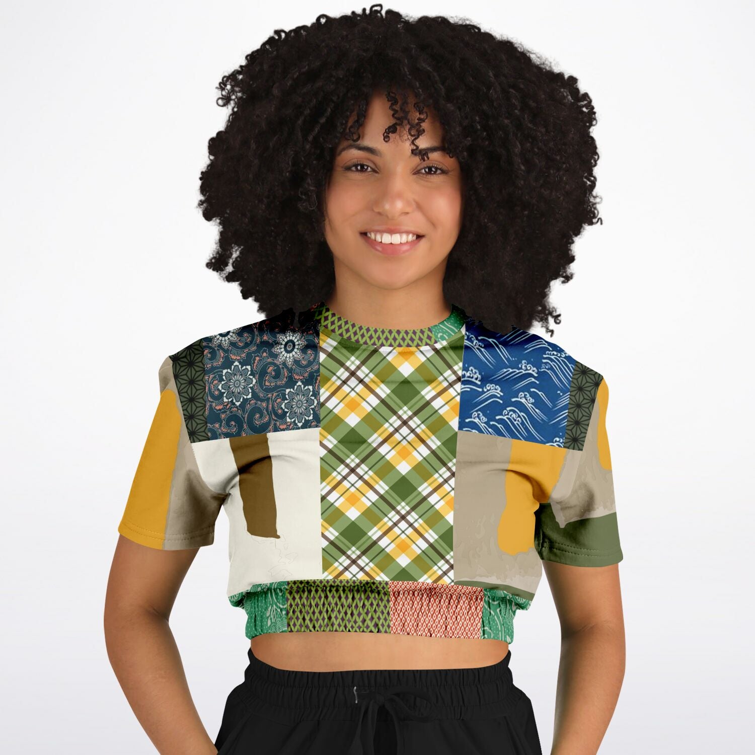 Razzamatazz Vintage Patchwork Eco-Poly Short Sleeve Cropped Pullover