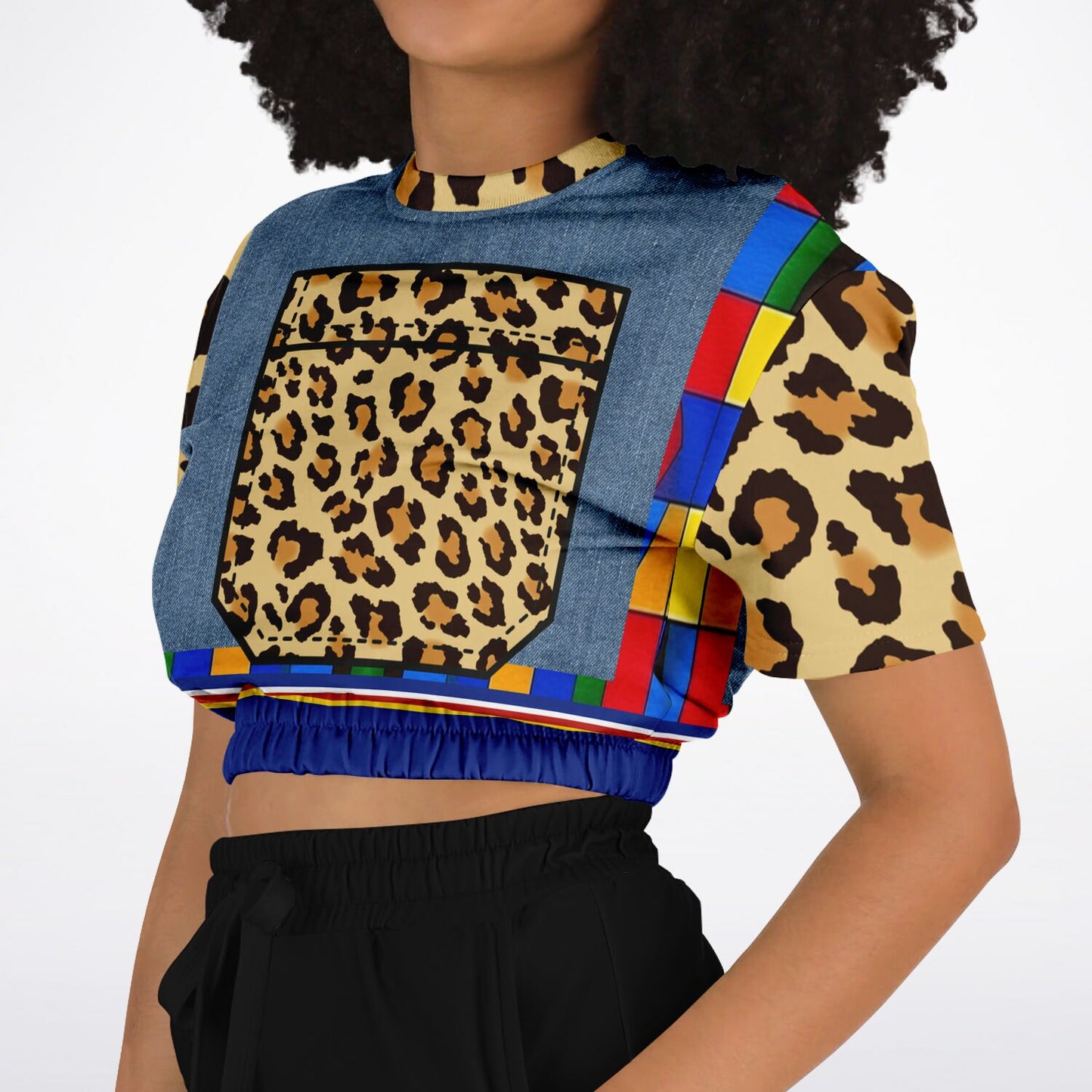 Picasso Primary Geometric Leopard Eco-Poly Short Sleeve Cropped Sweater