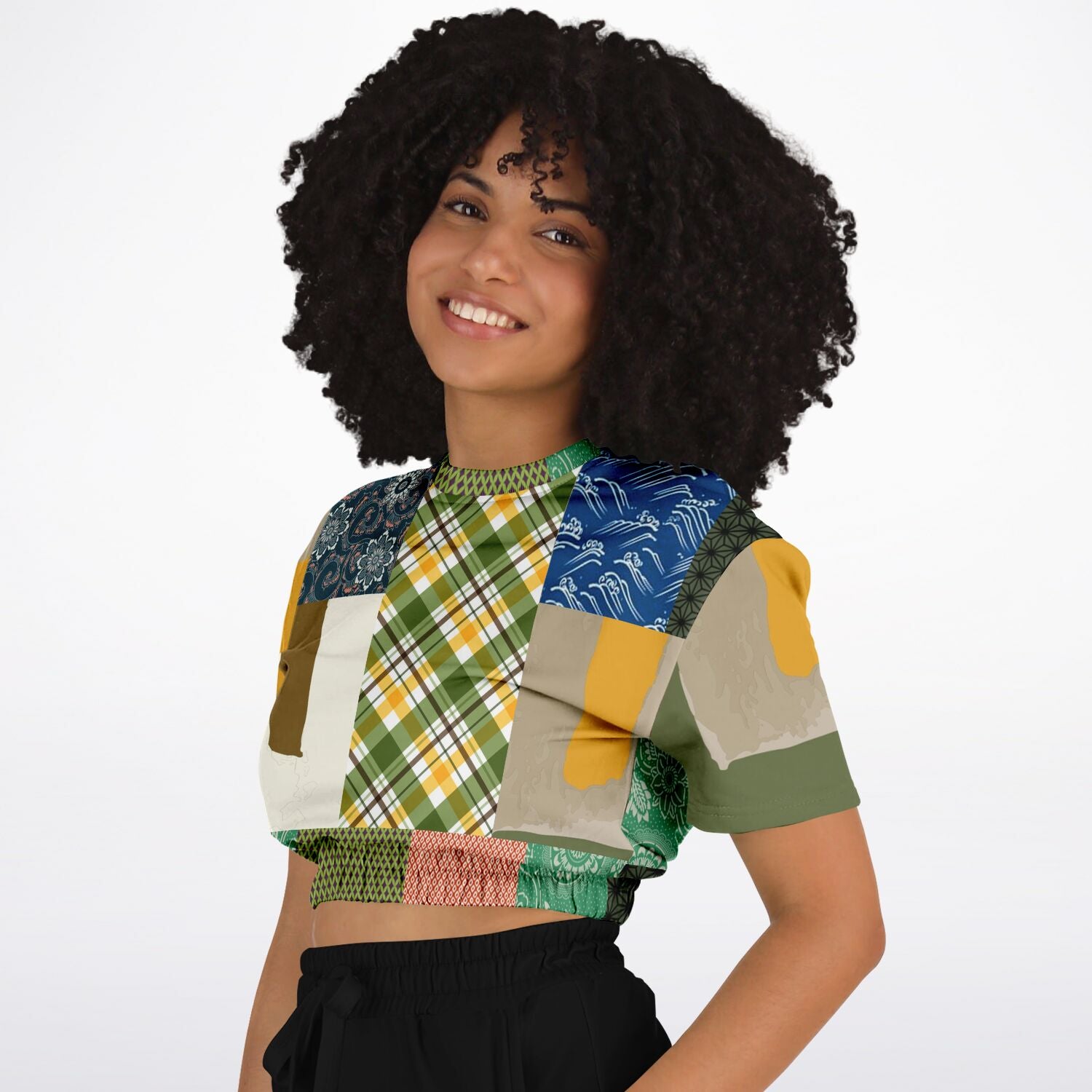 Razzamatazz Vintage Patchwork Eco-Poly Short Sleeve Cropped Pullover