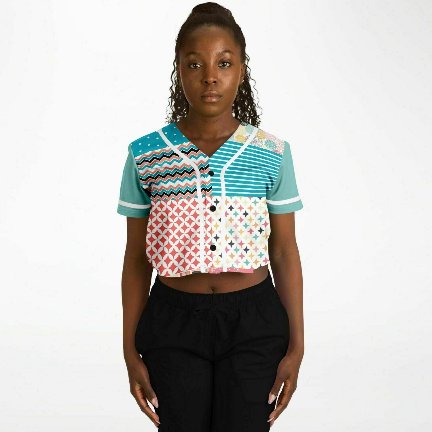 Old Miami Geo Patchwork Cropped Button Front Eco-Poly Jersey