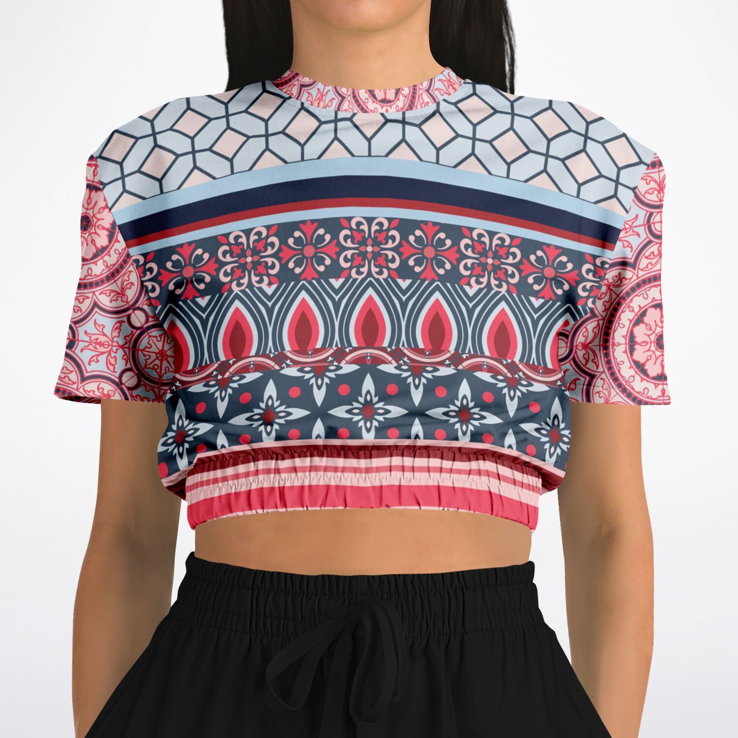 Pink Montauk Geo Denim Patchwork Eco-Poly Cropped Short Sleeve Pullover