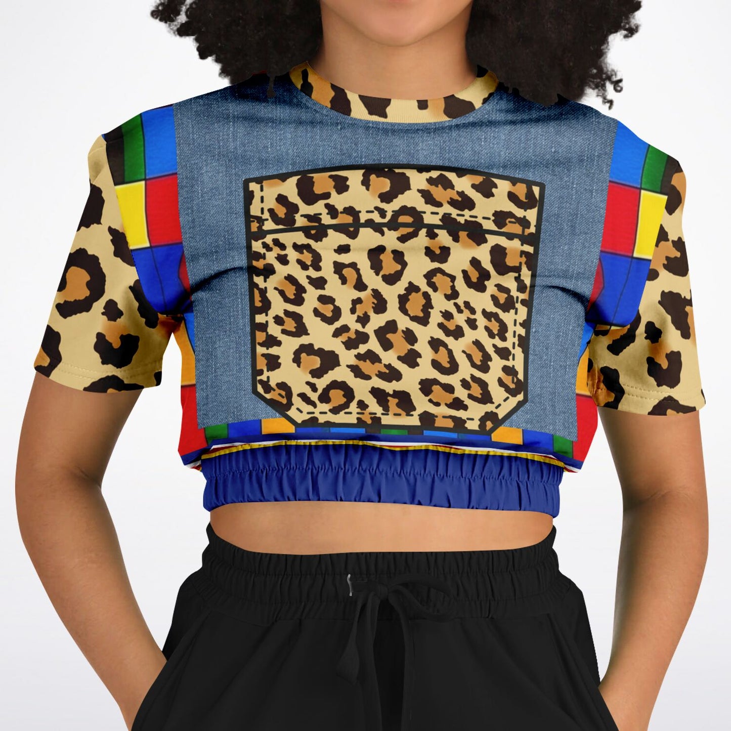 Picasso Primary Geometric Leopard Eco-Poly Short Sleeve Cropped Sweater