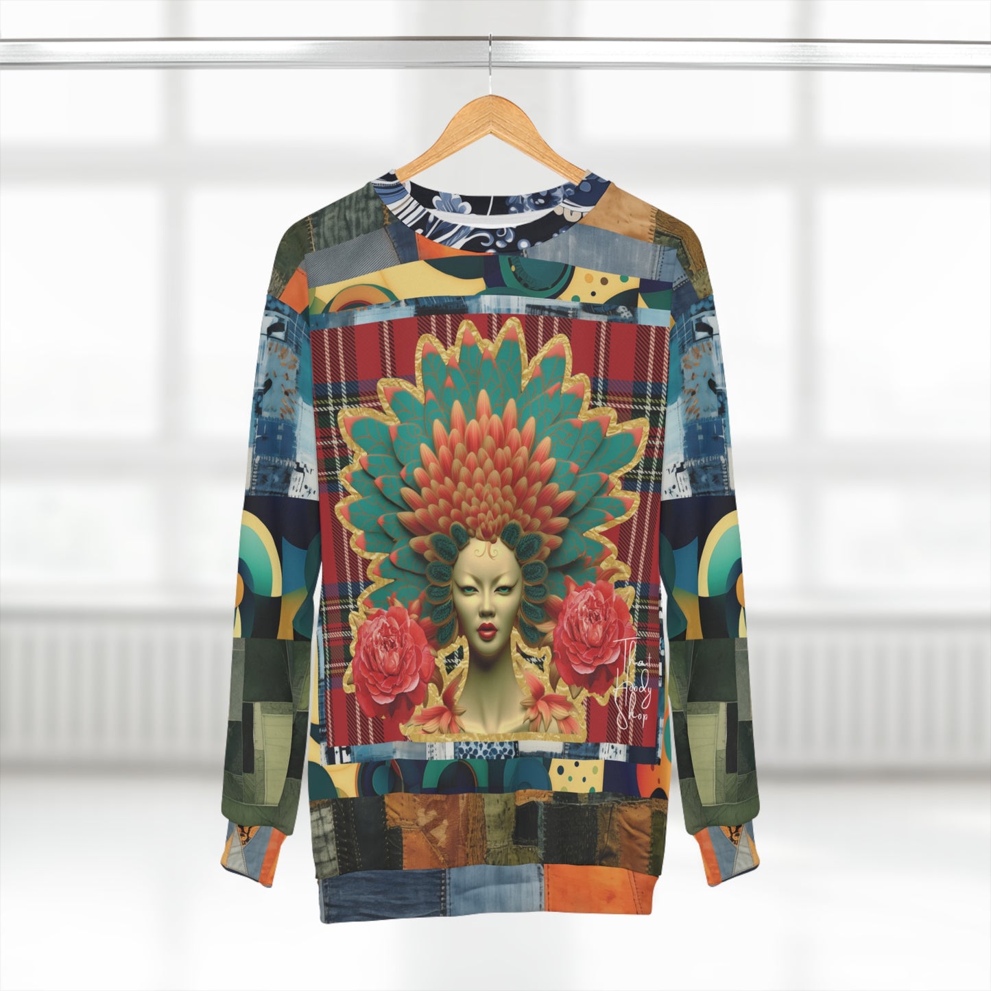 Kabuki Theater Girl Plaid Denim Patchwork Print Unisex Sweatshirt