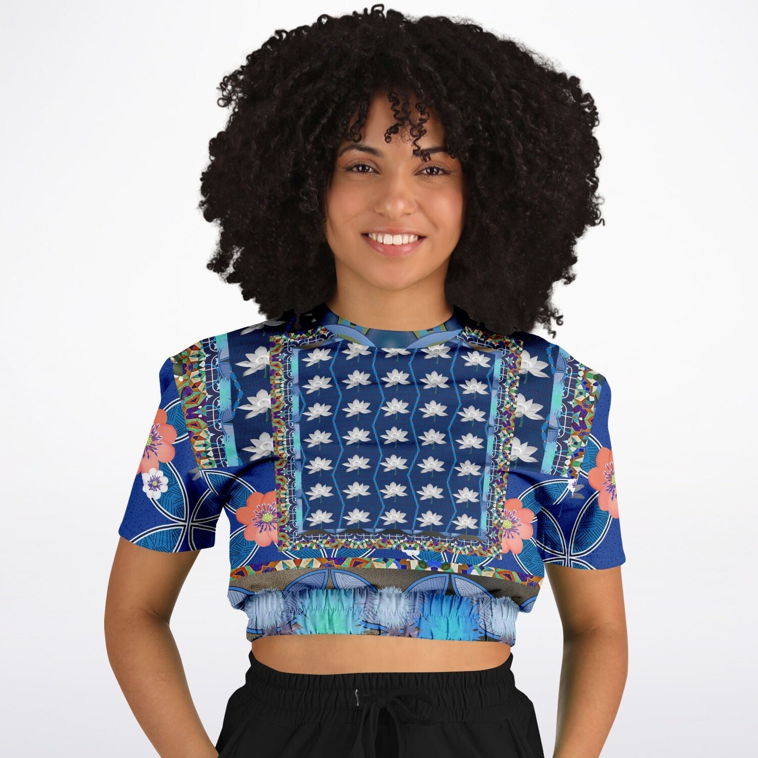 Dahlia Lama Lotus Flower Print Eco-Poly Short Sleeve Cropped Pullover