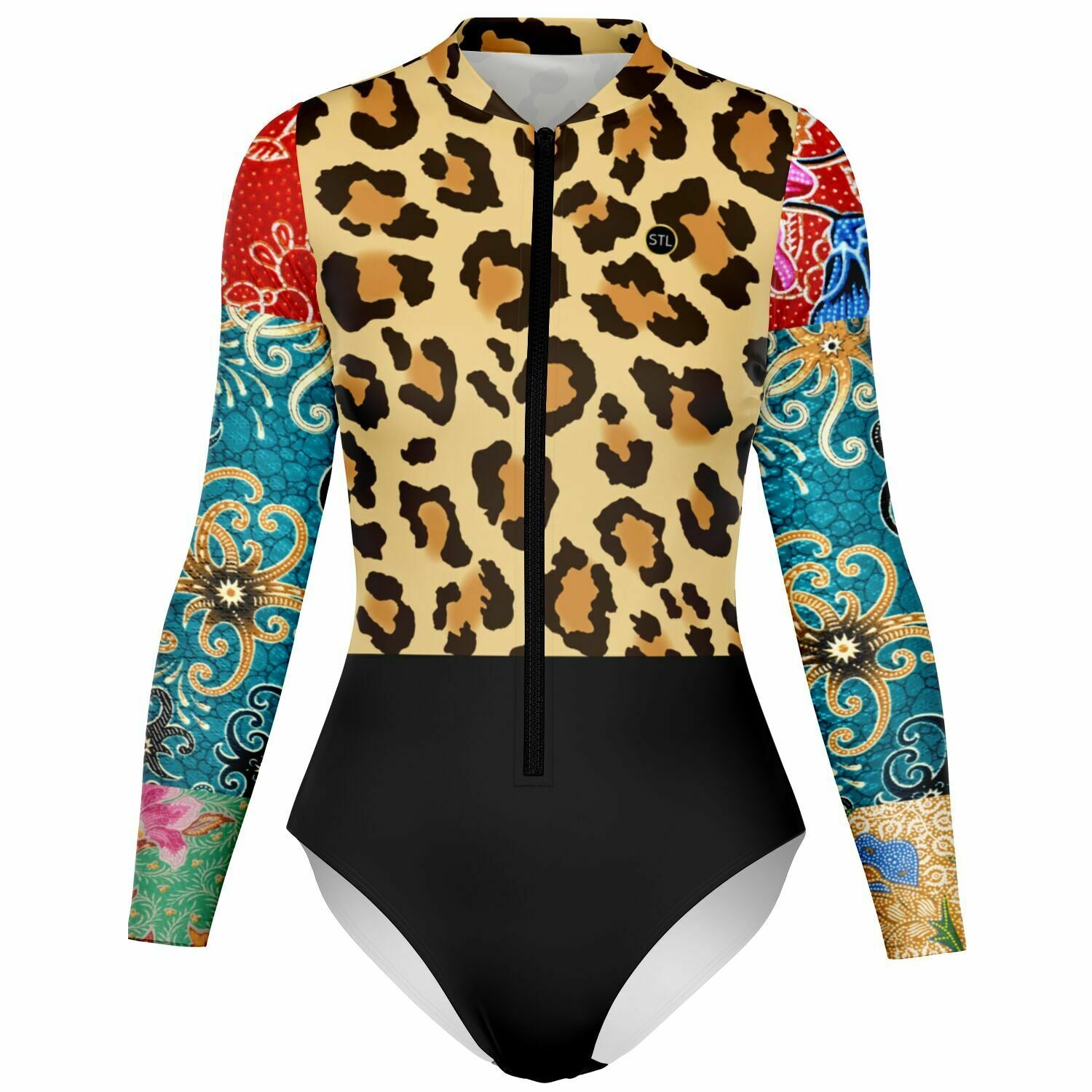 Sweet Clementine Leopard Batik Patchwork Long Sleeve Bodysuit