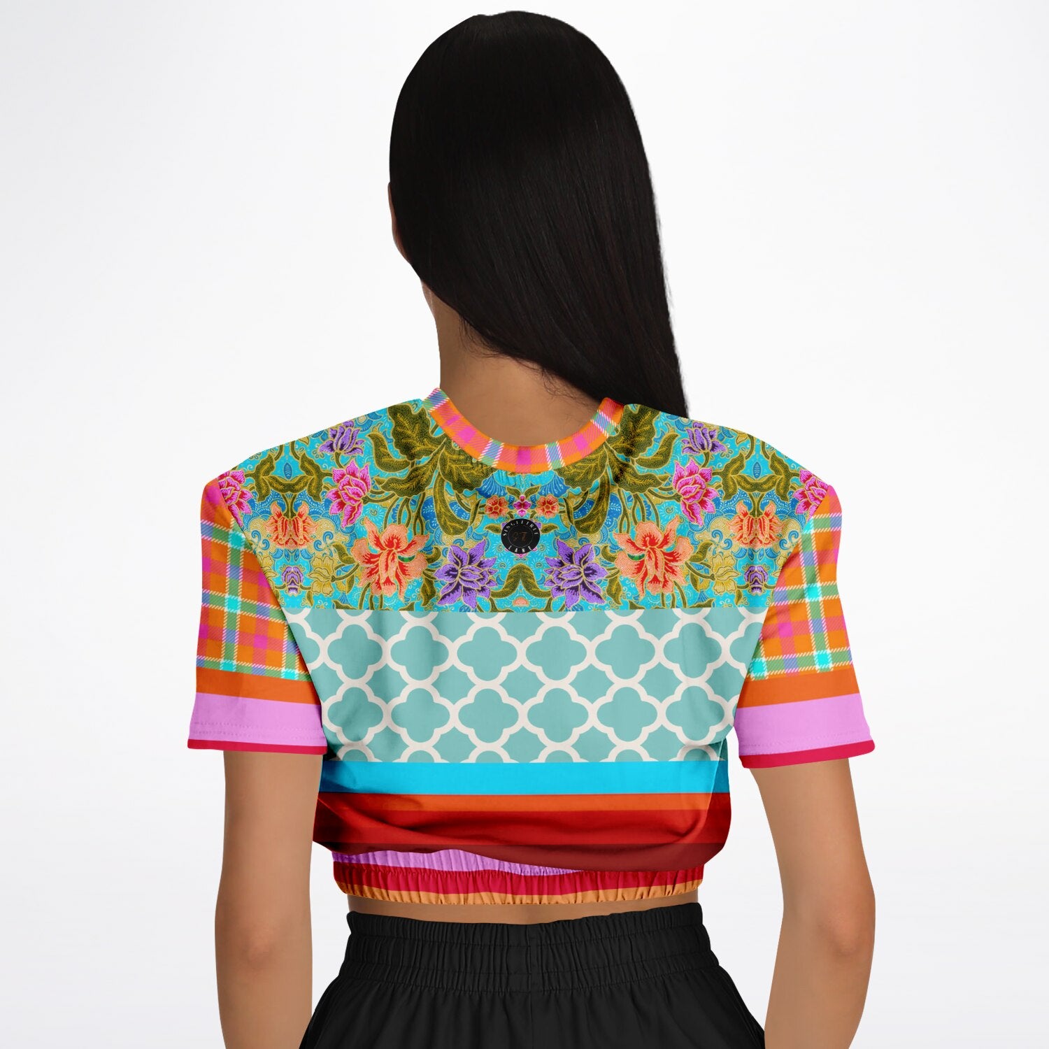 Age of Aquarius Batik Floral Stripe Eco-Poly Short Sleeve Cropped Pullover