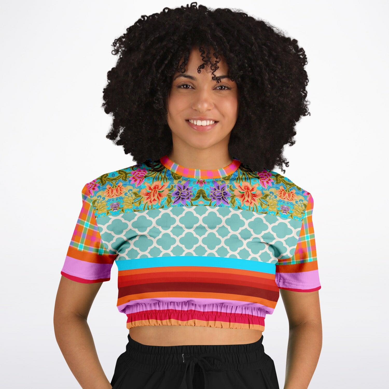 Age of Aquarius Batik Floral Stripe Eco-Poly Short Sleeve Cropped Pullover