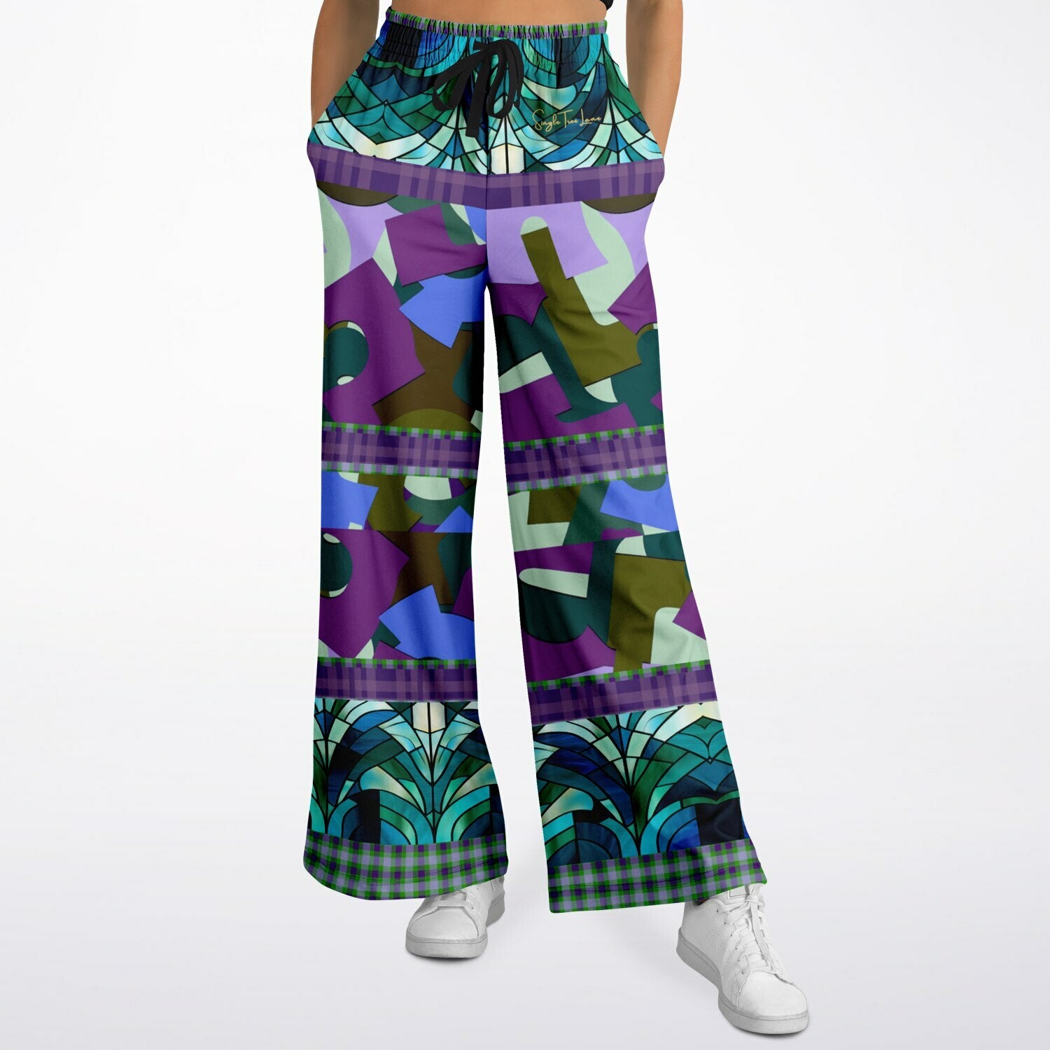 Almond Twig in Bloom Abstract Camo Patchwork Eco-Poly Wide Leg Pants