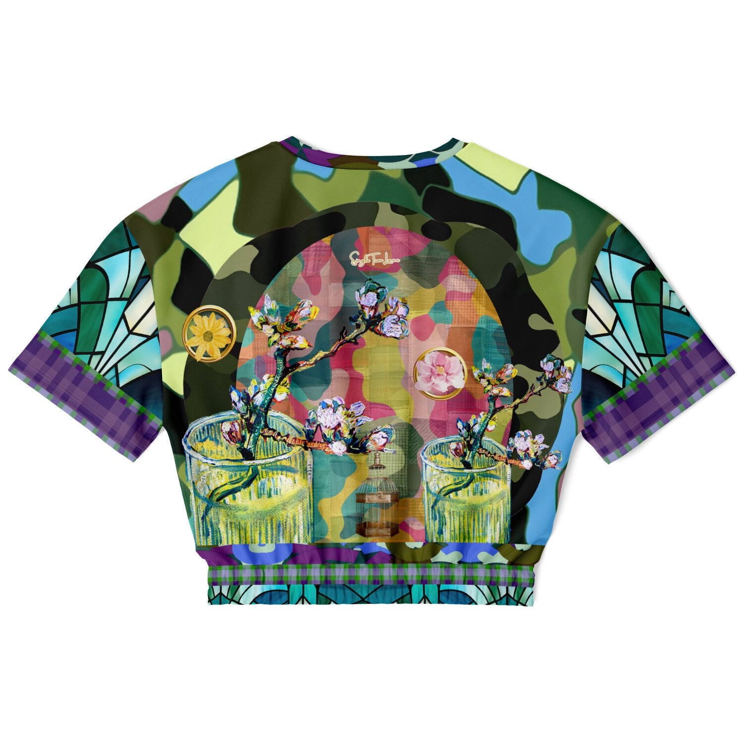 Almond Twig in Bloom Camo Patchwork Eco-Poly Short Sleeve Cropped Pullover