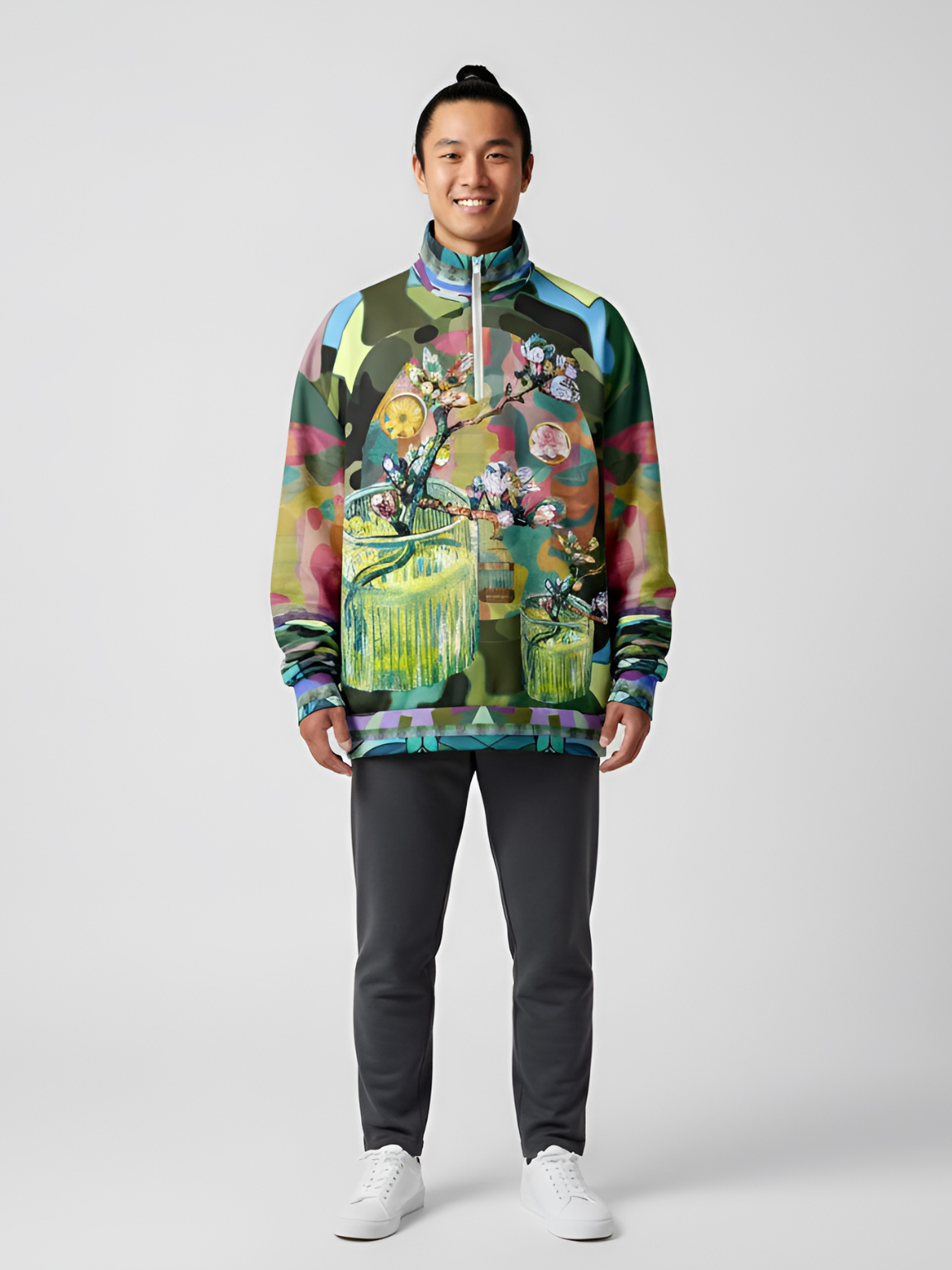 Almond Twig in Bloom Camo Patchwork Heavyweight Oversized Quarter Zip Sweatshirt