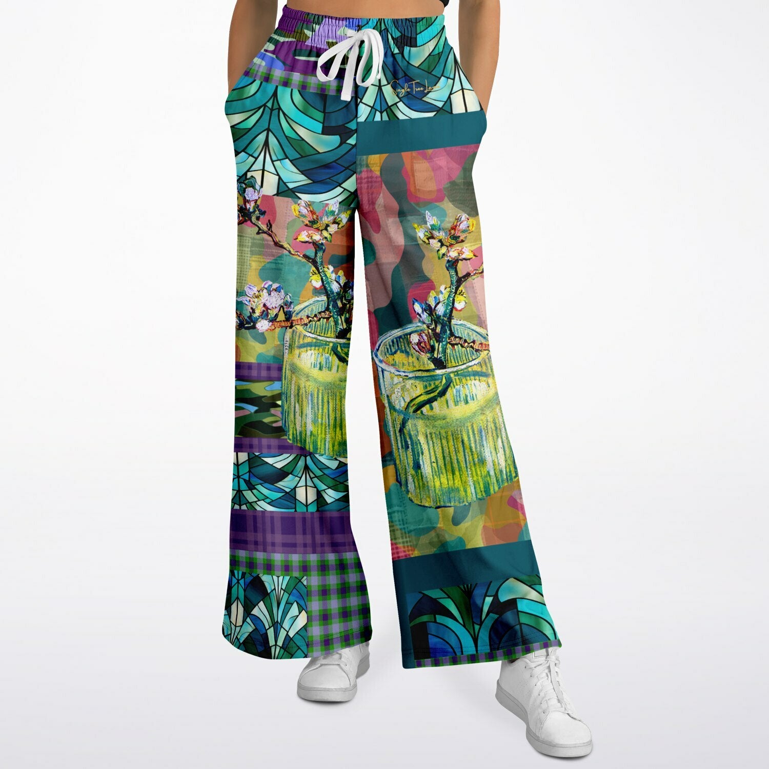 Almond Twig in Bloom Camo Patchwork Eco-Poly Wide Leg Pants