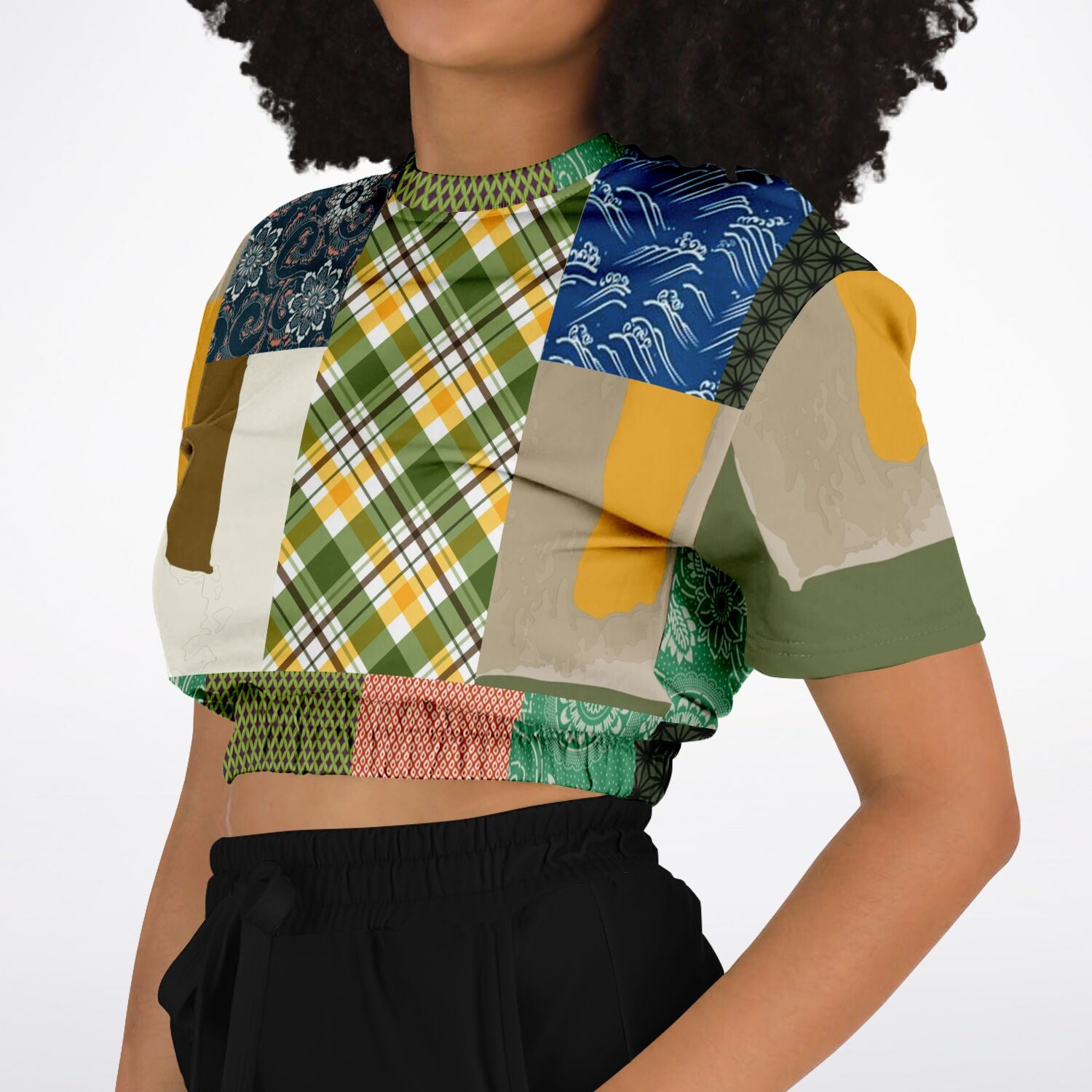 Razzamatazz Vintage Patchwork Eco-Poly Short Sleeve Cropped Pullover