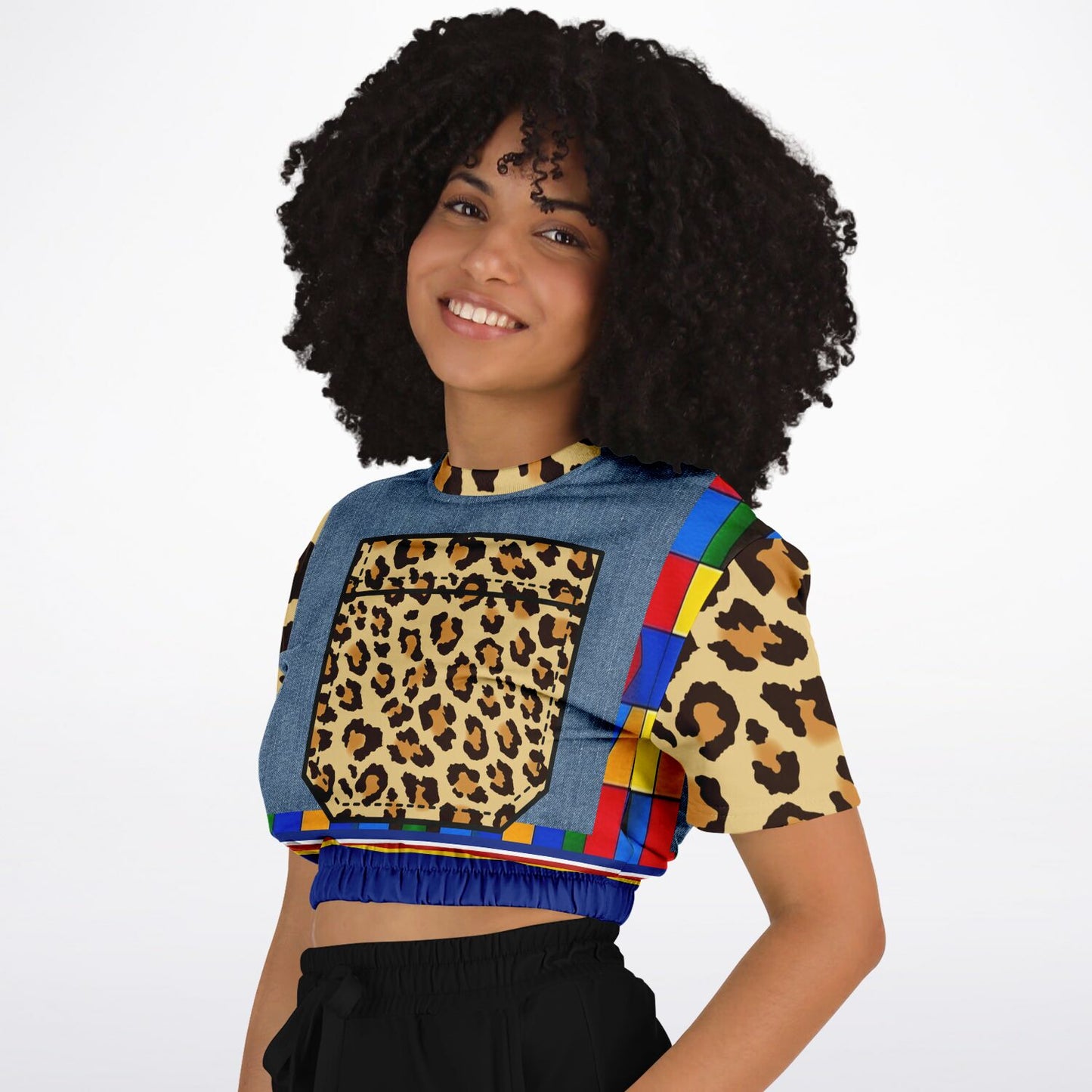 Picasso Primary Geometric Leopard Eco-Poly Short Sleeve Cropped Sweater