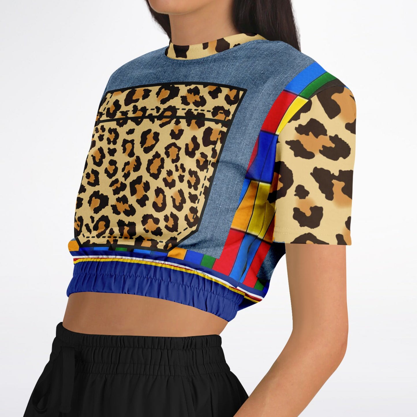 Picasso Primary Geometric Leopard Eco-Poly Short Sleeve Cropped Sweater