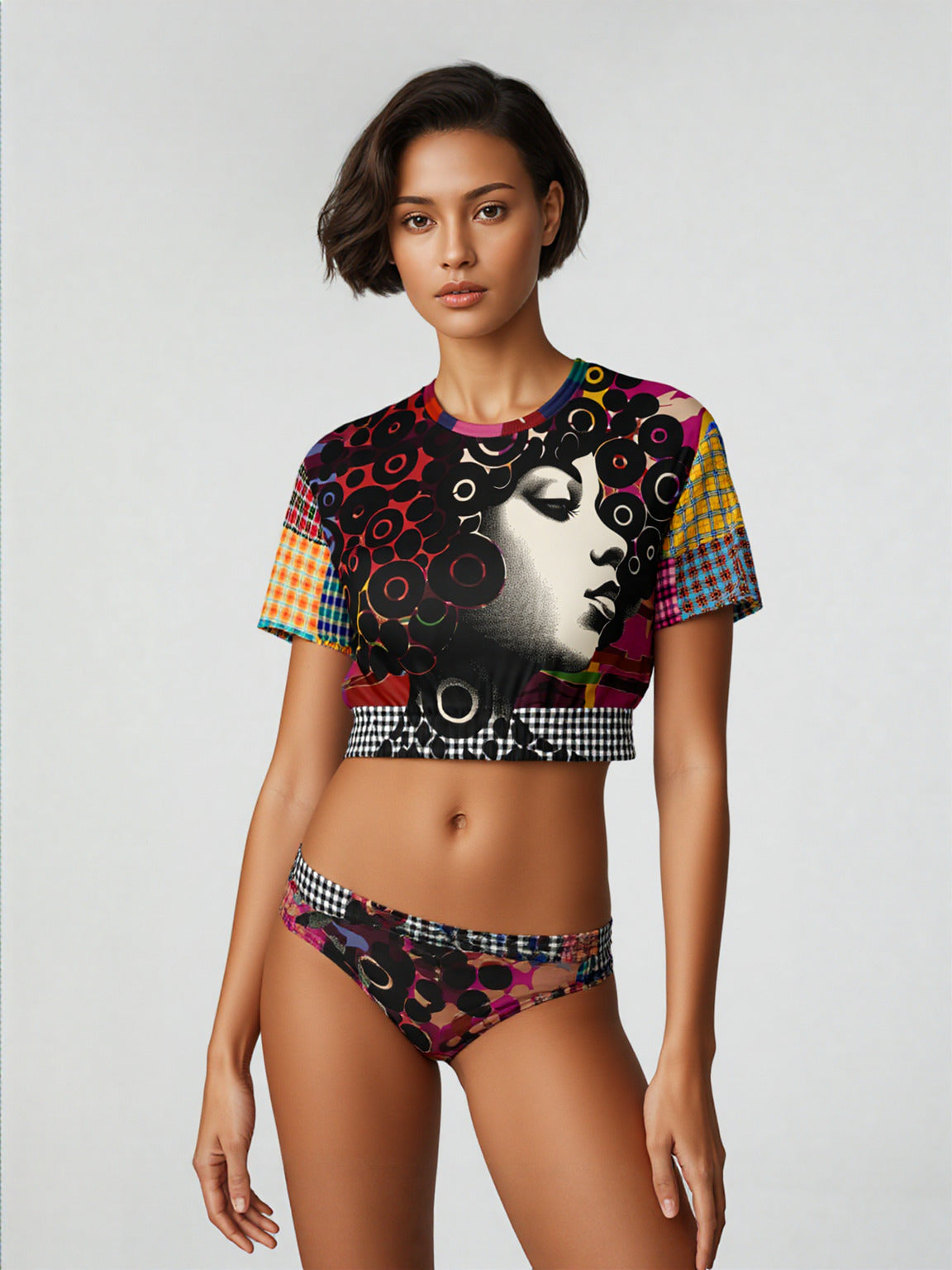 Black Queen in Afrocentric Technicolor Eco-Poly Short Sleeve Cropped Pullover