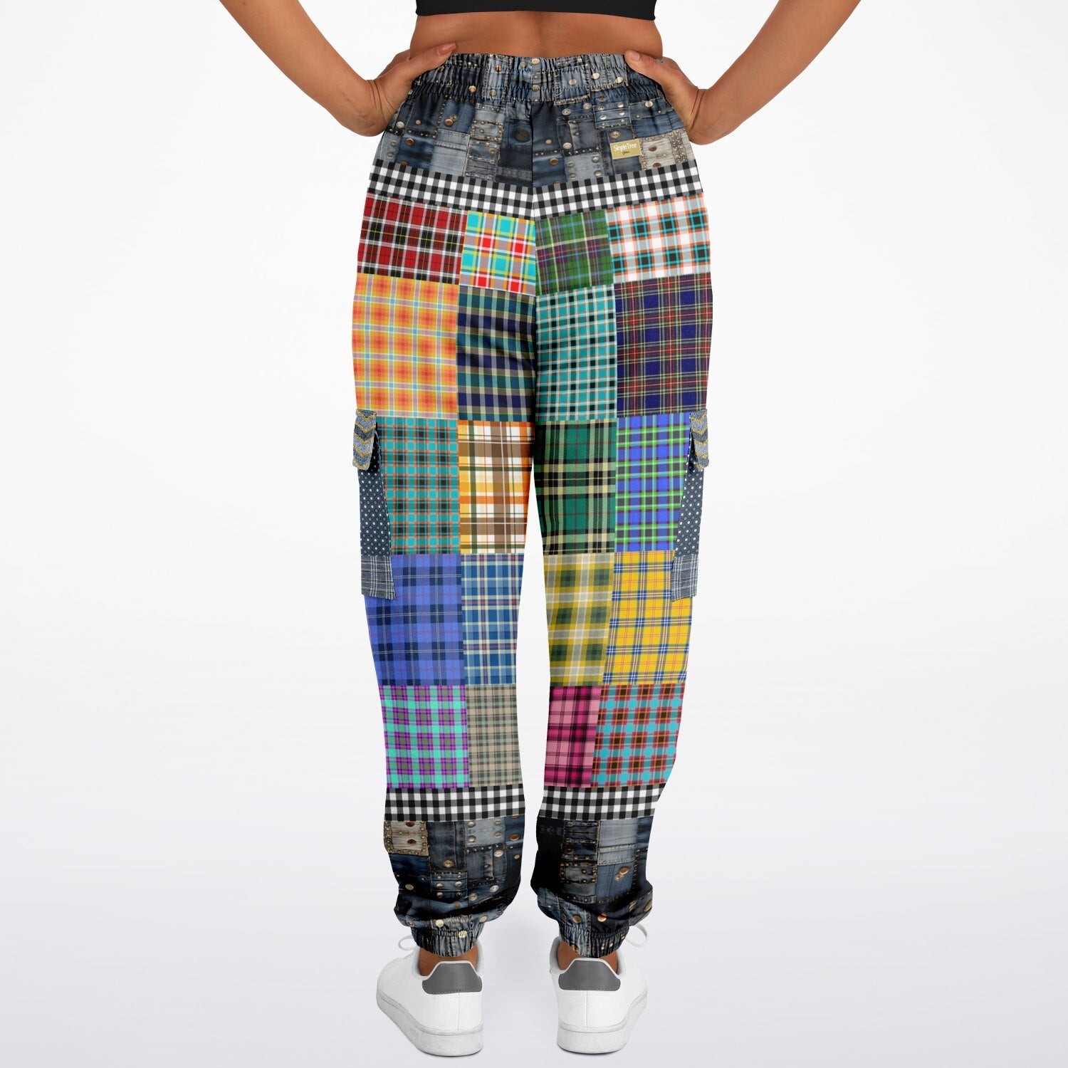 Black Queen in Afrocentric Technicolor Plaid and Denim Patchwork Eco-Poly Cargo Joggers